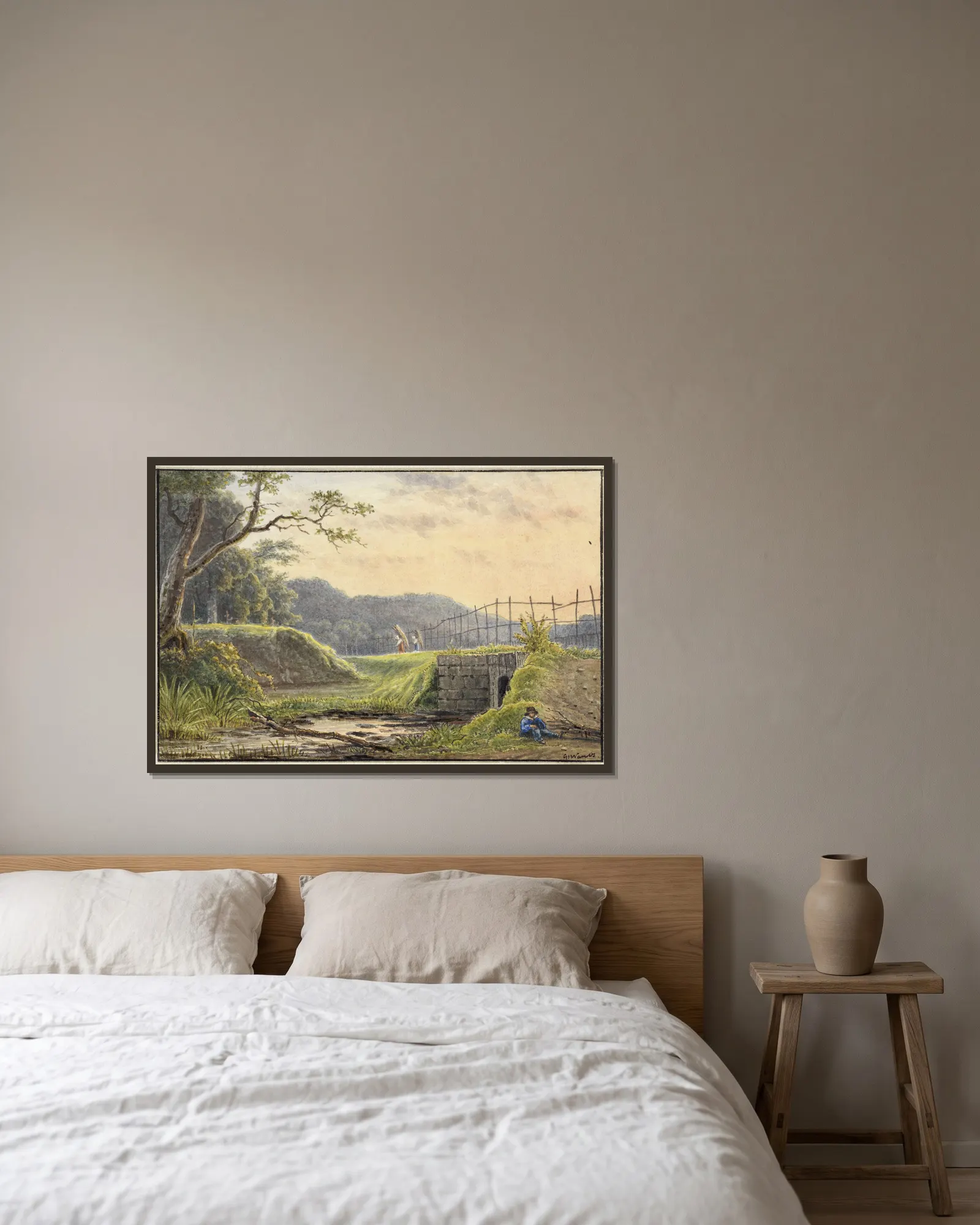 Landschap met brug av Georgius Jacobus Johannes van Os inramad på en vägg