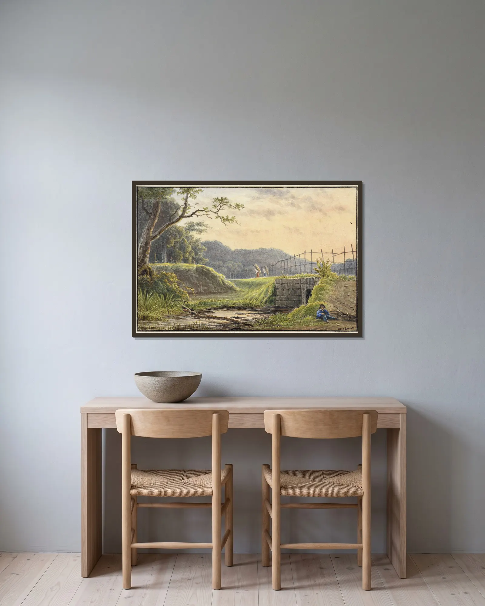 Landschap met brug av Georgius Jacobus Johannes van Os inramad på en vägg