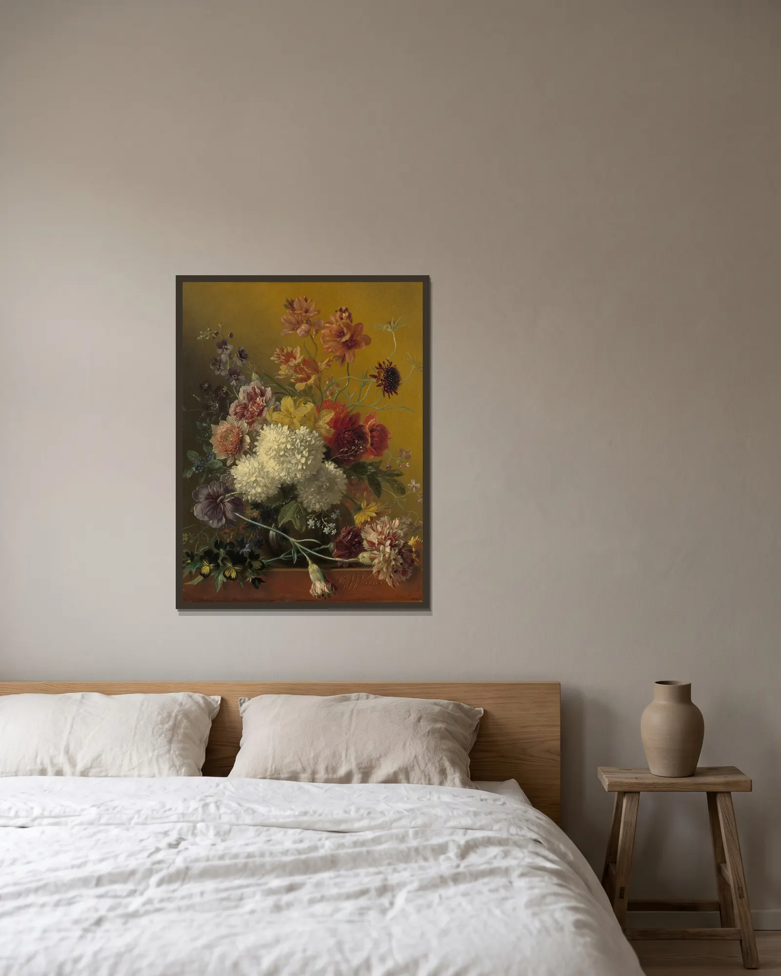 Stilleven met bloemen av Georgius Jacobus Johannes van Os inramad på en vägg