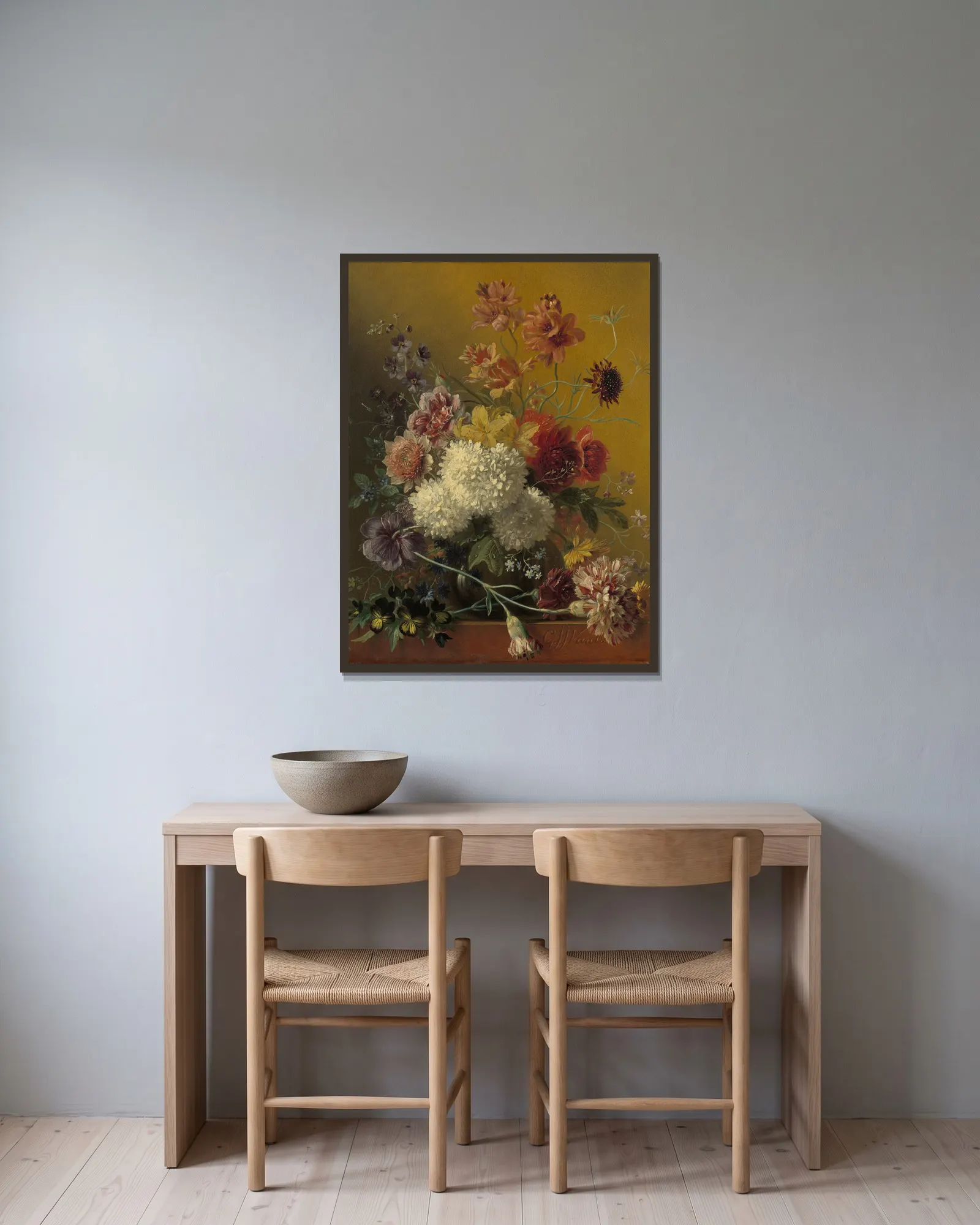 Stilleven met bloemen av Georgius Jacobus Johannes van Os inramad på en vägg
