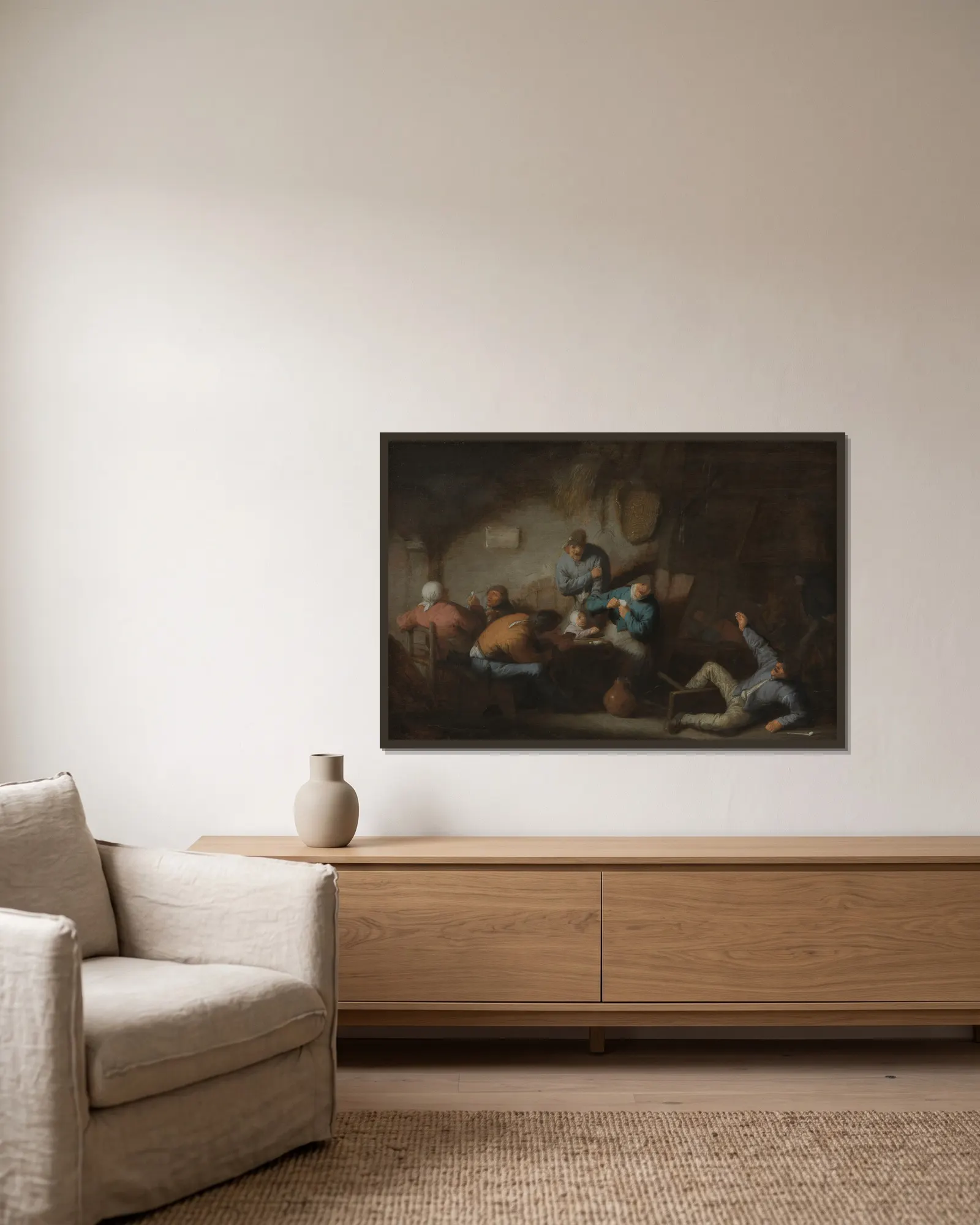 Tavern Scene av Adriaen van Ostade inramad på en vägg