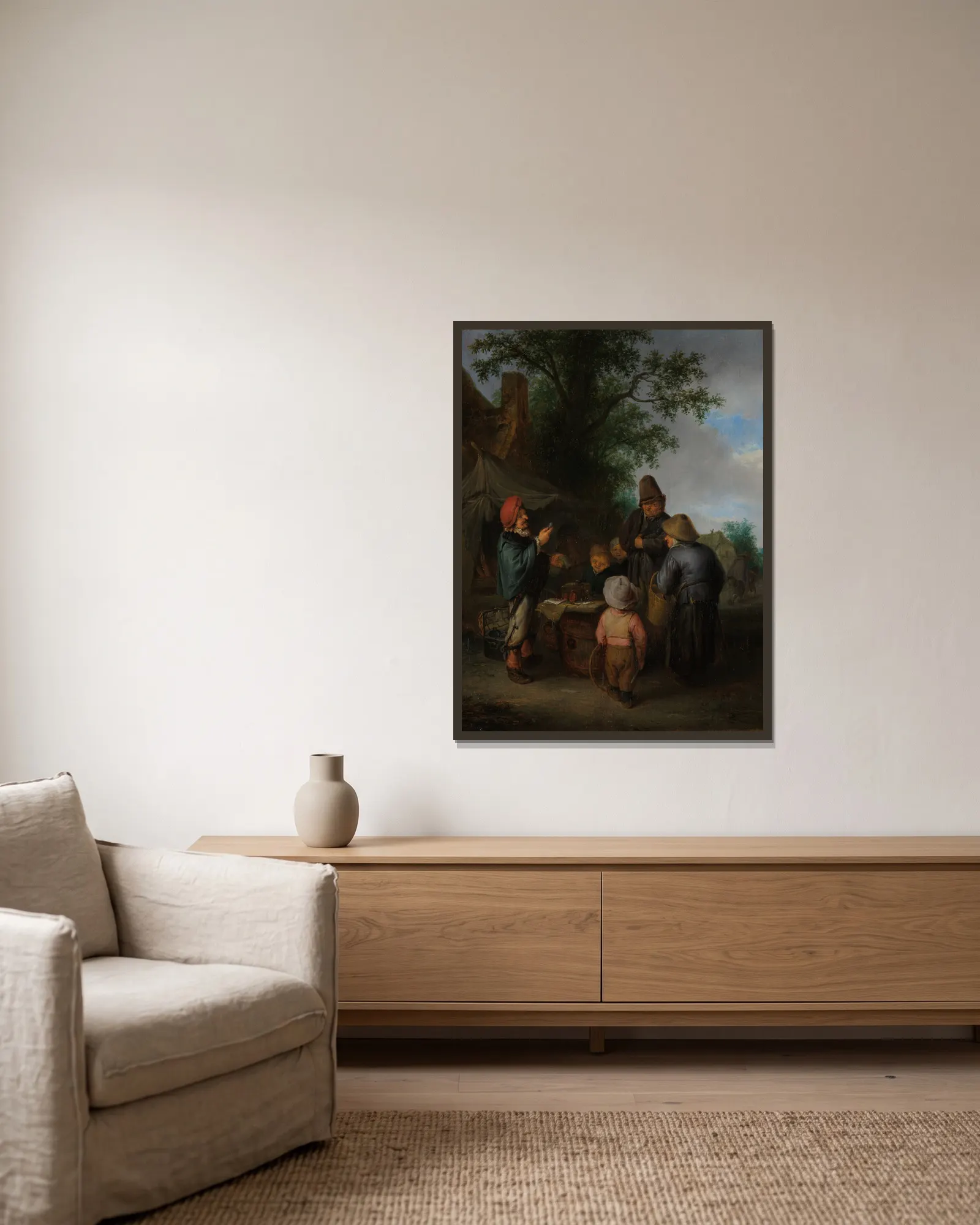 The Quacksalver av Adriaen van Ostade inramad på en vägg