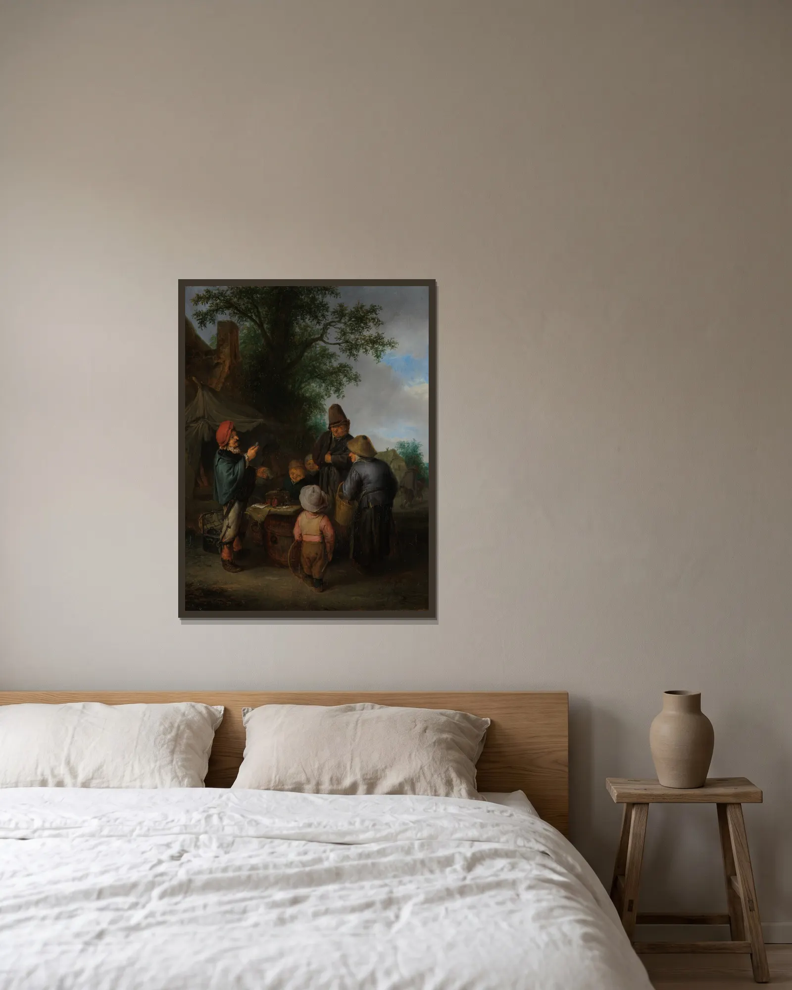 The Quacksalver av Adriaen van Ostade inramad på en vägg