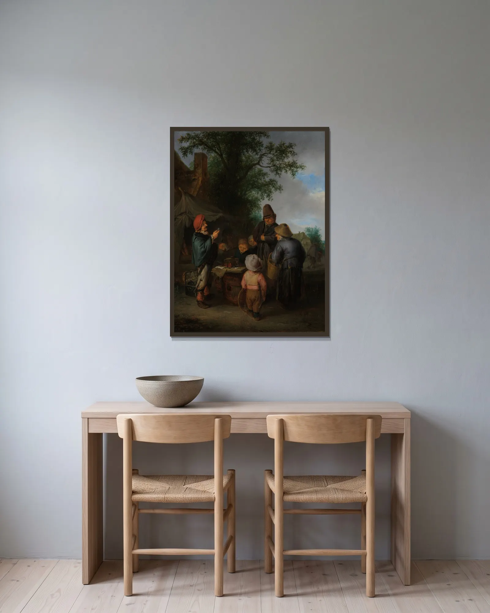The Quacksalver av Adriaen van Ostade inramad på en vägg