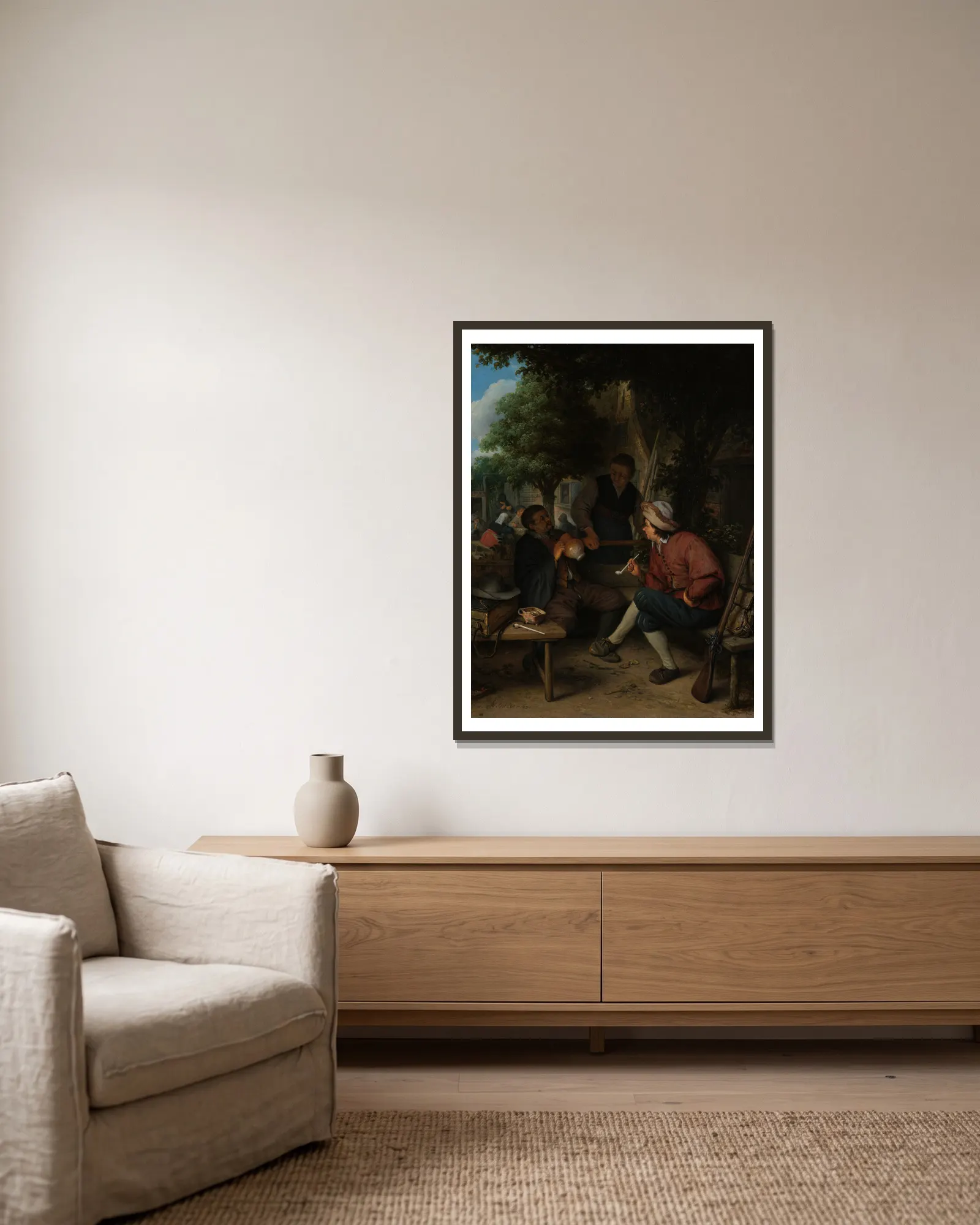 Travellers at Rest av Adriaen van Ostade inramad på en vägg
