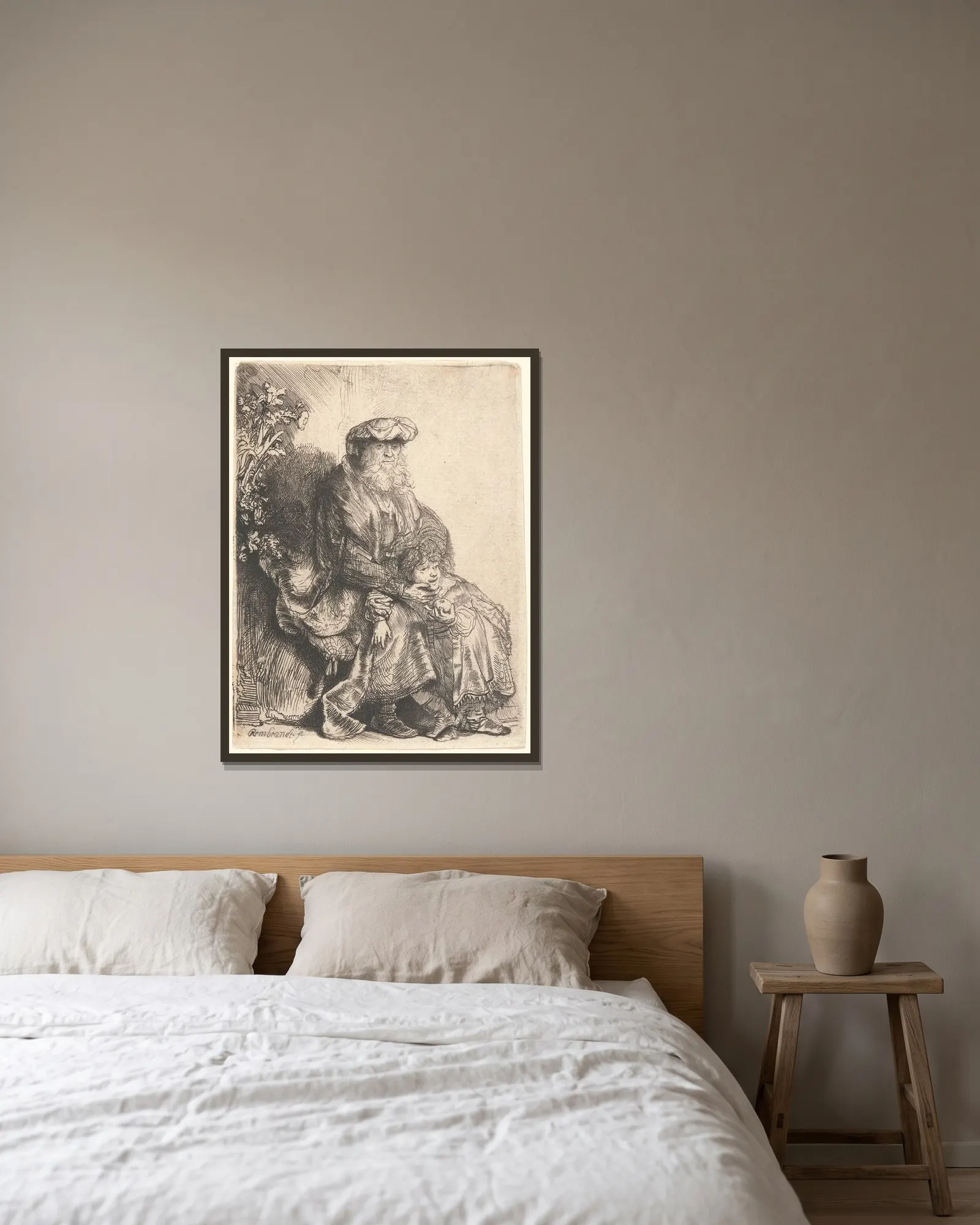 Abraham’s Sacrifice av Rembrandt van Rijn inramad på en vägg