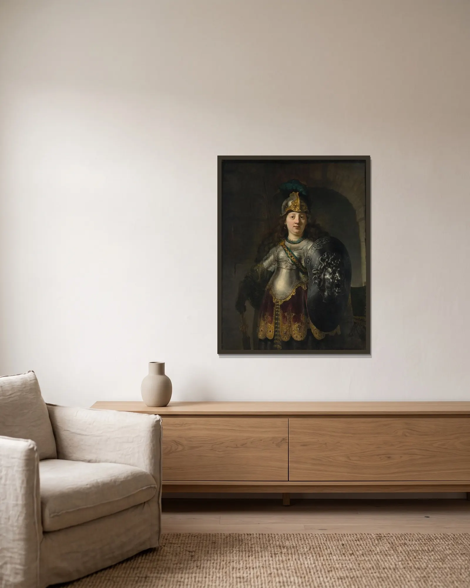 Bellona av Rembrandt van Rijn inramad på en vägg