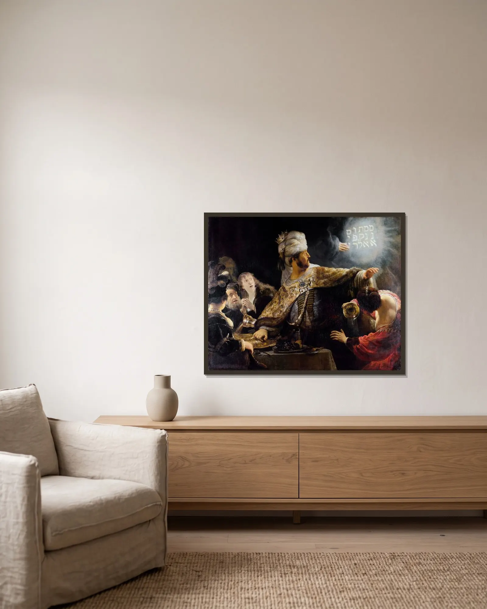 Belshazzar’s feast (from 1634 until 1639) av Rembrandt van Rijn inramad på en vägg