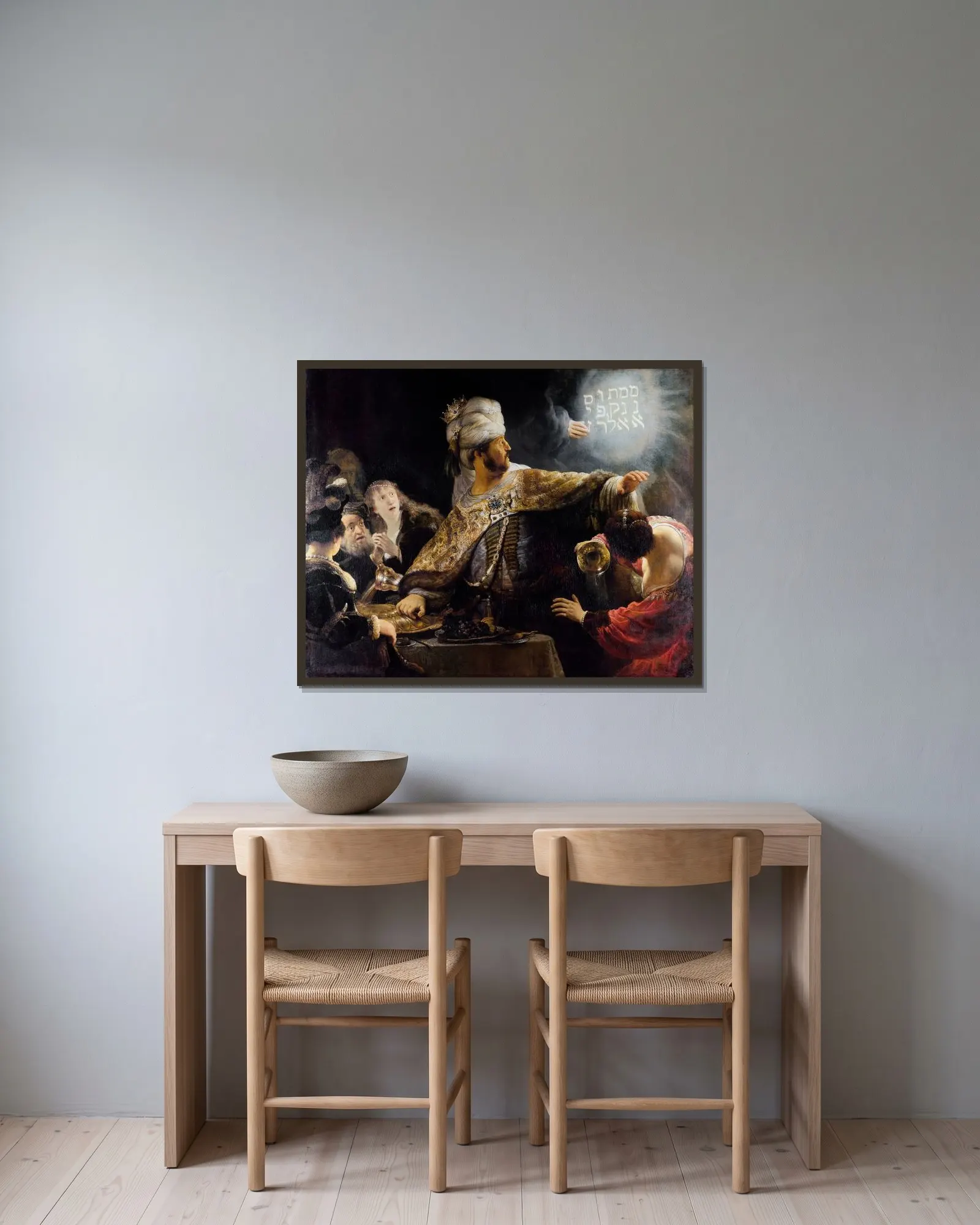 Belshazzar’s feast (from 1634 until 1639) av Rembrandt van Rijn inramad på en vägg