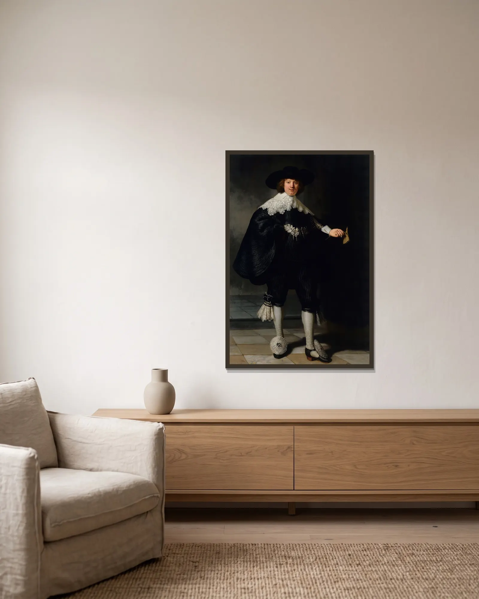 Marten Soolmans av Rembrandt van Rijn inramad på en vägg