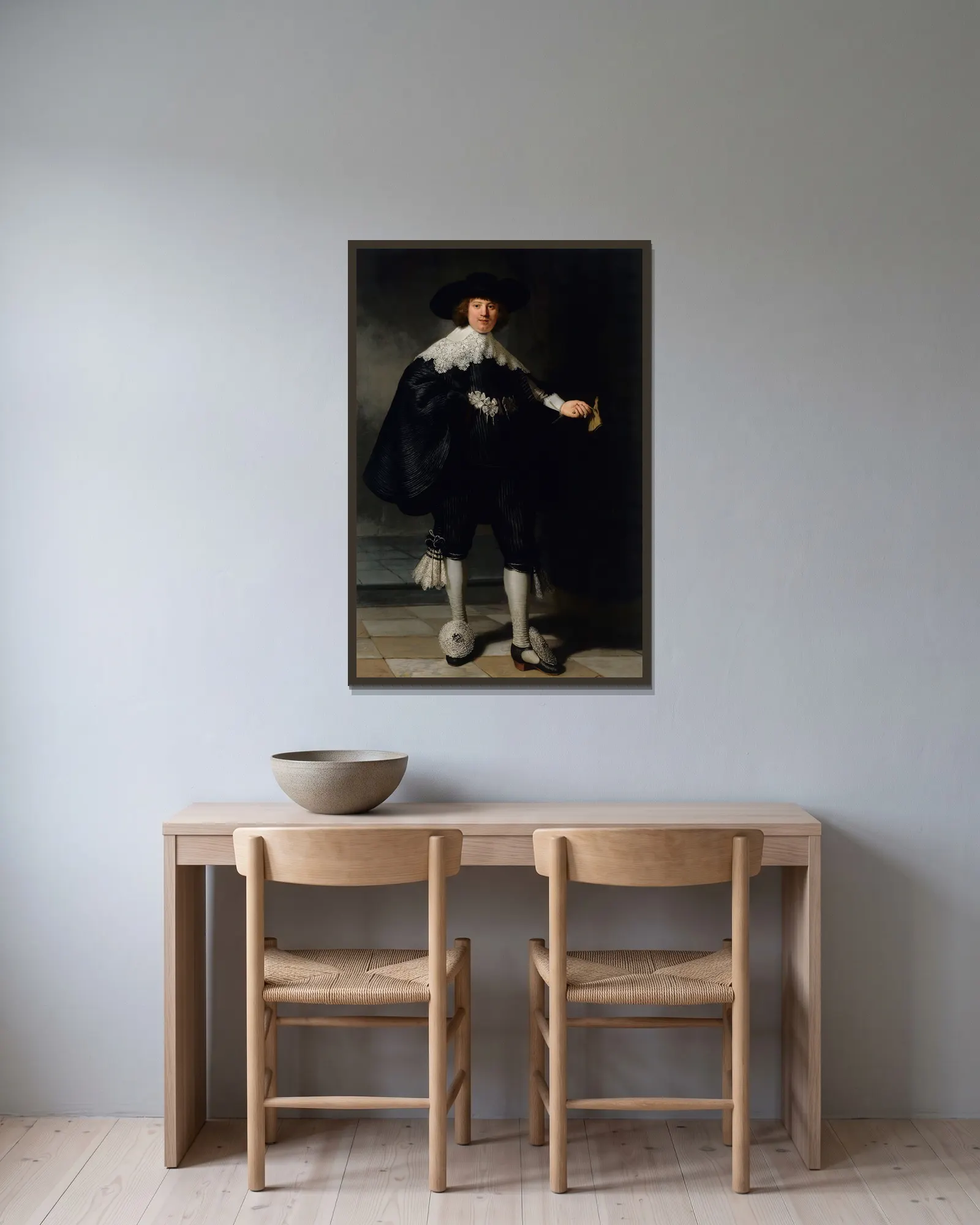 Marten Soolmans av Rembrandt van Rijn inramad på en vägg