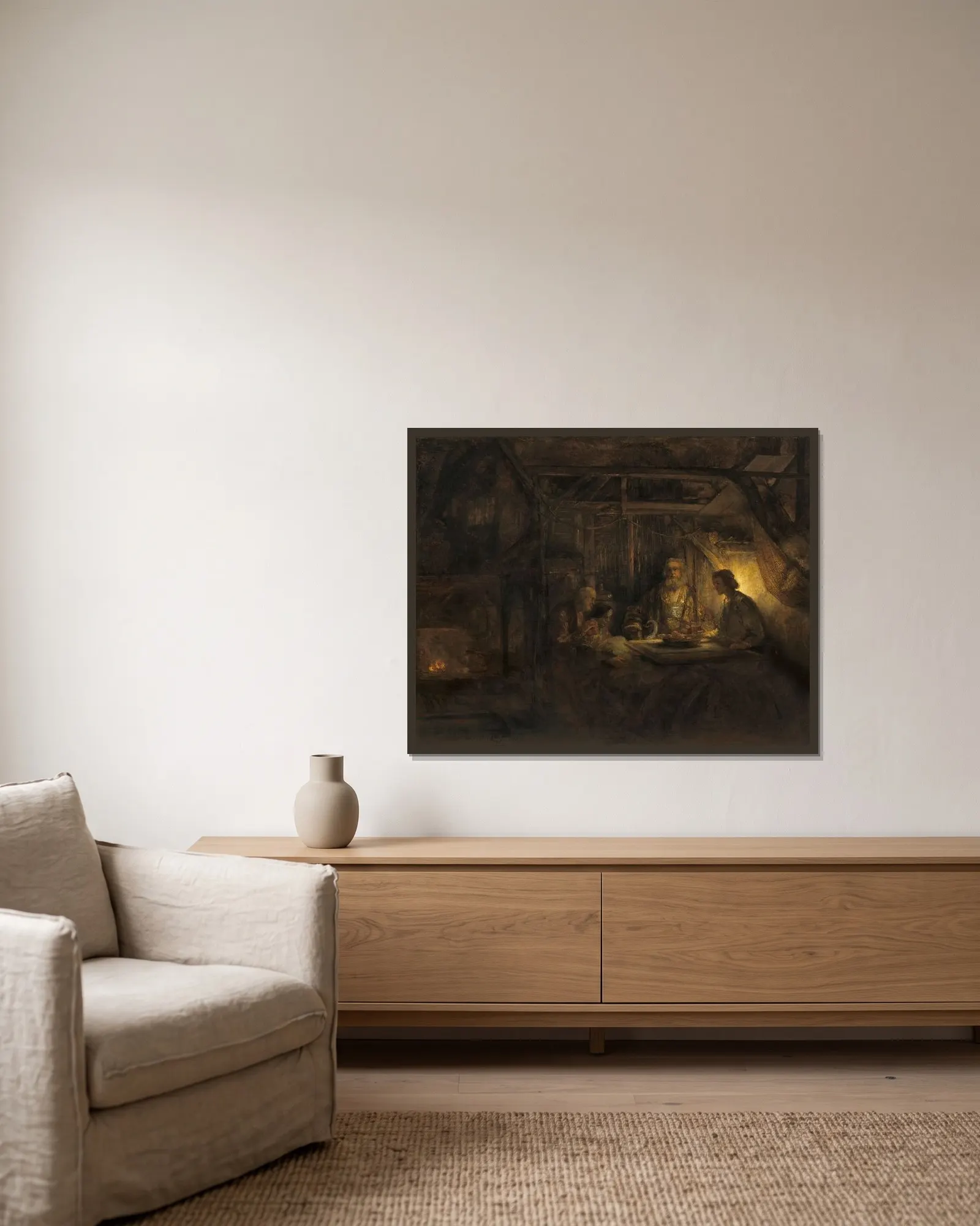 Philemon and Baucis av Rembrandt van Rijn inramad på en vägg
