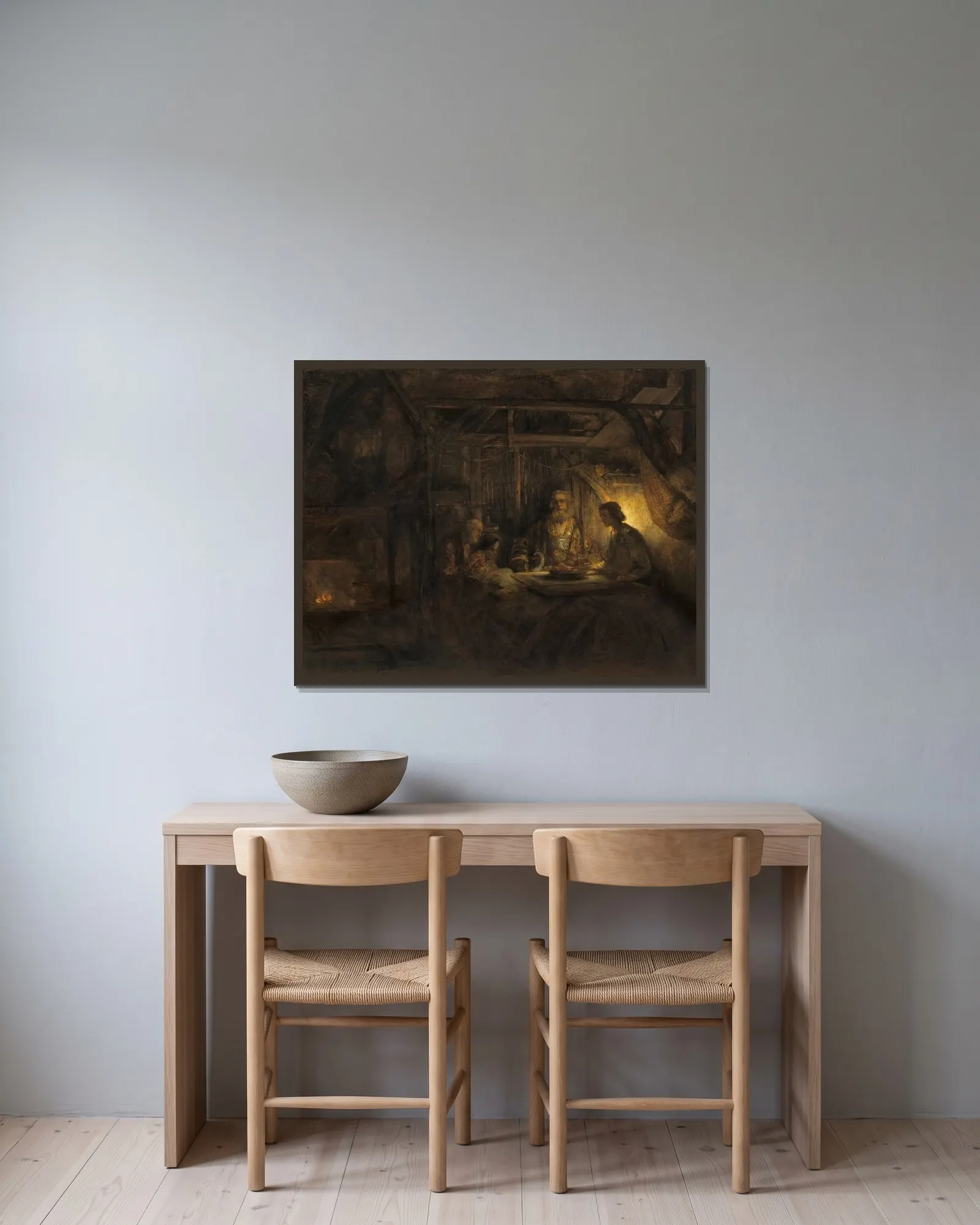 Philemon and Baucis av Rembrandt van Rijn inramad på en vägg