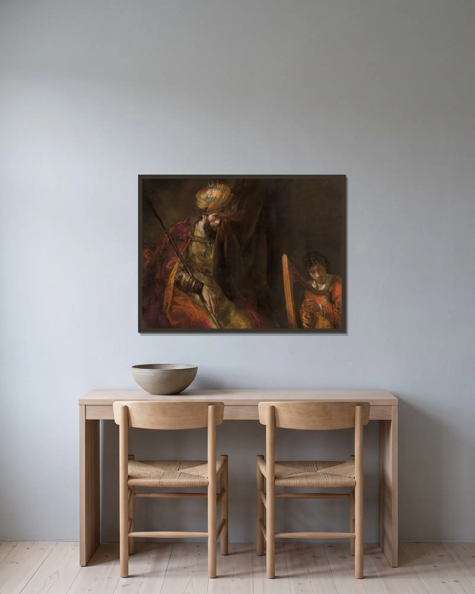 Saul and David av Rembrandt van Rijn inramad på en vägg