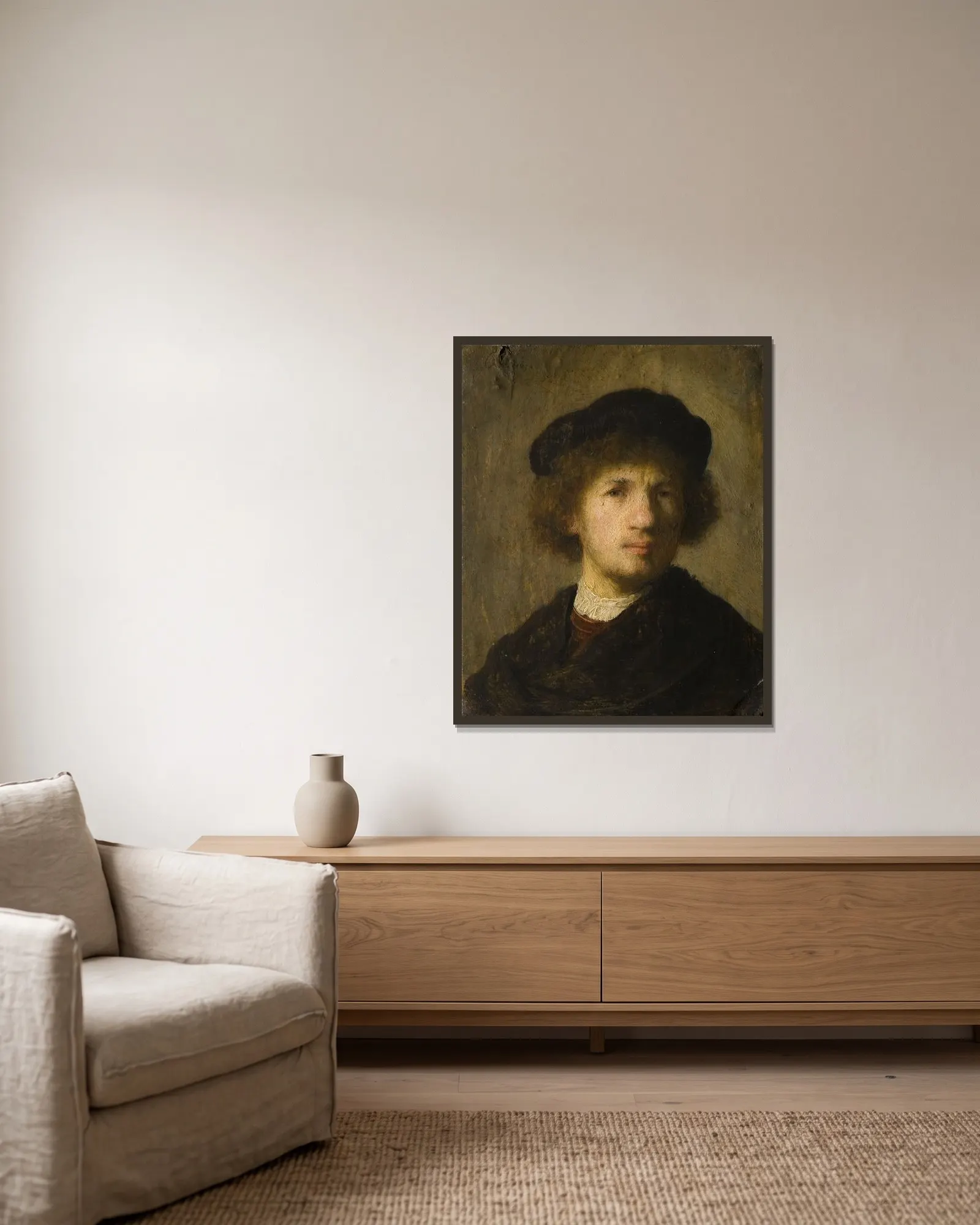 Self-portrait av Rembrandt van Rijn inramad på en vägg