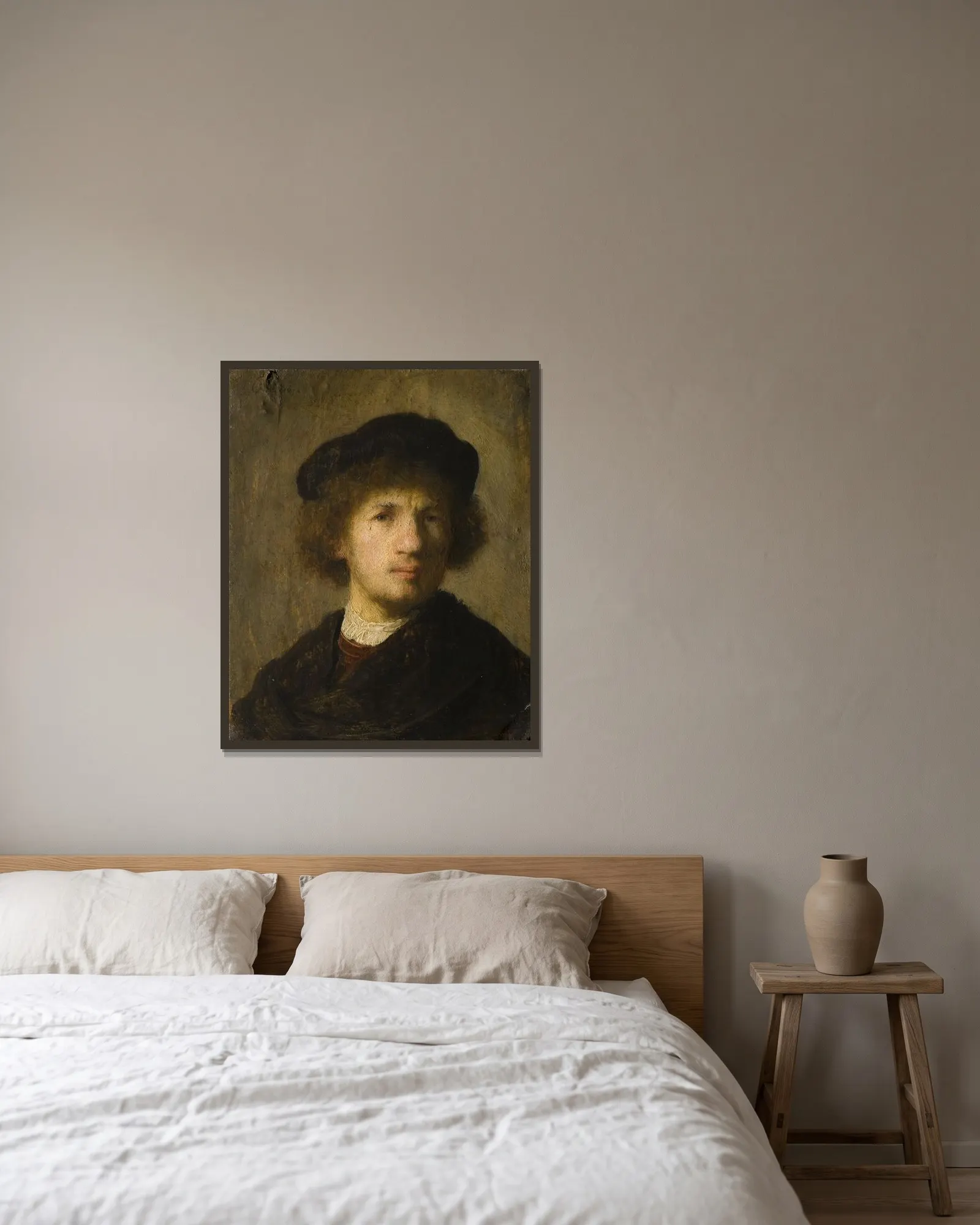 Self-portrait av Rembrandt van Rijn inramad på en vägg