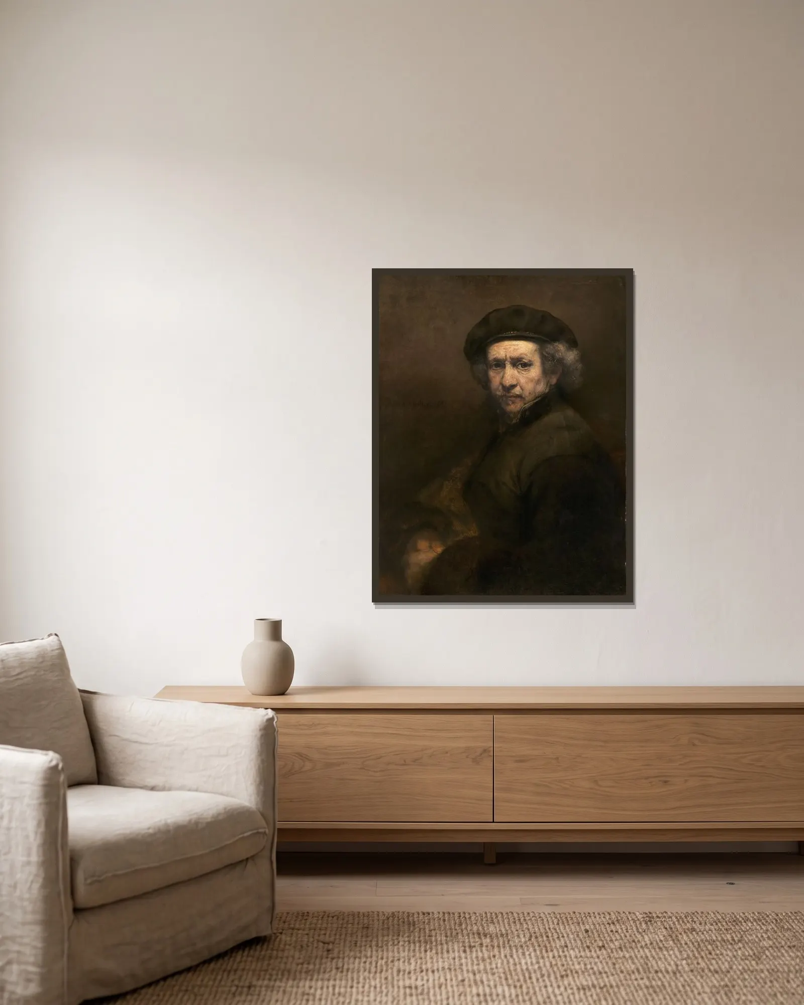 Self-Portrait av Rembrandt van Rijn inramad på en vägg
