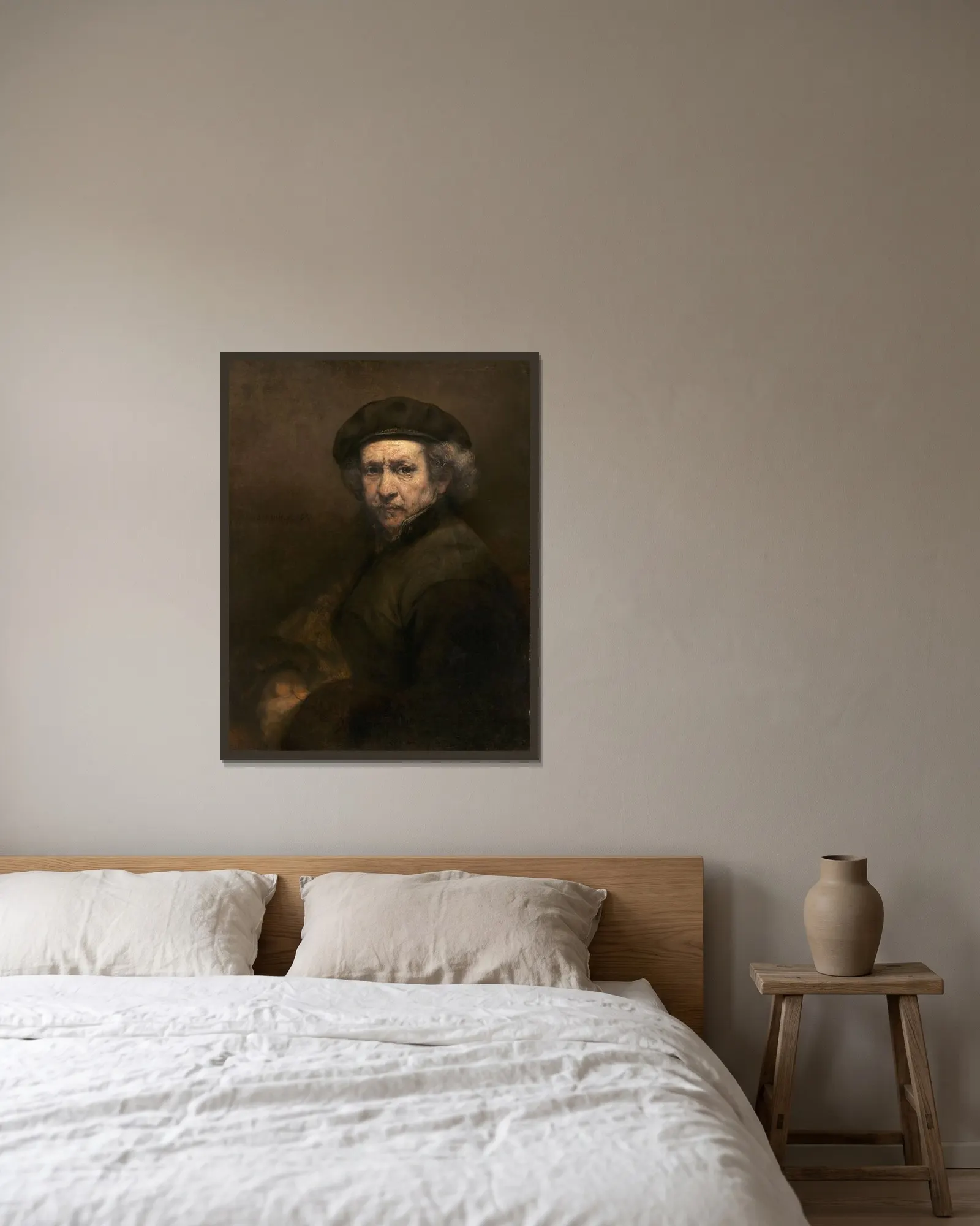Self-Portrait av Rembrandt van Rijn inramad på en vägg