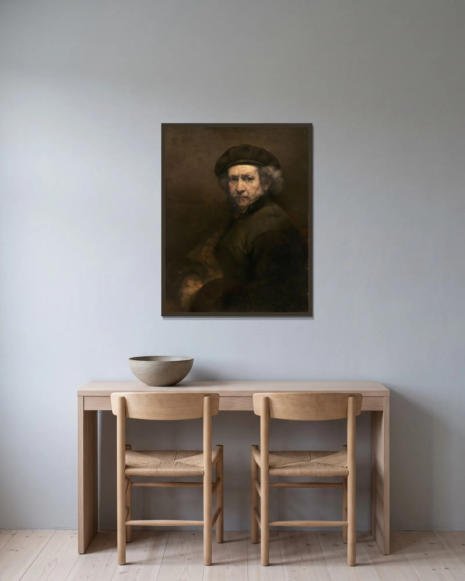 Self-Portrait av Rembrandt van Rijn inramad på en vägg