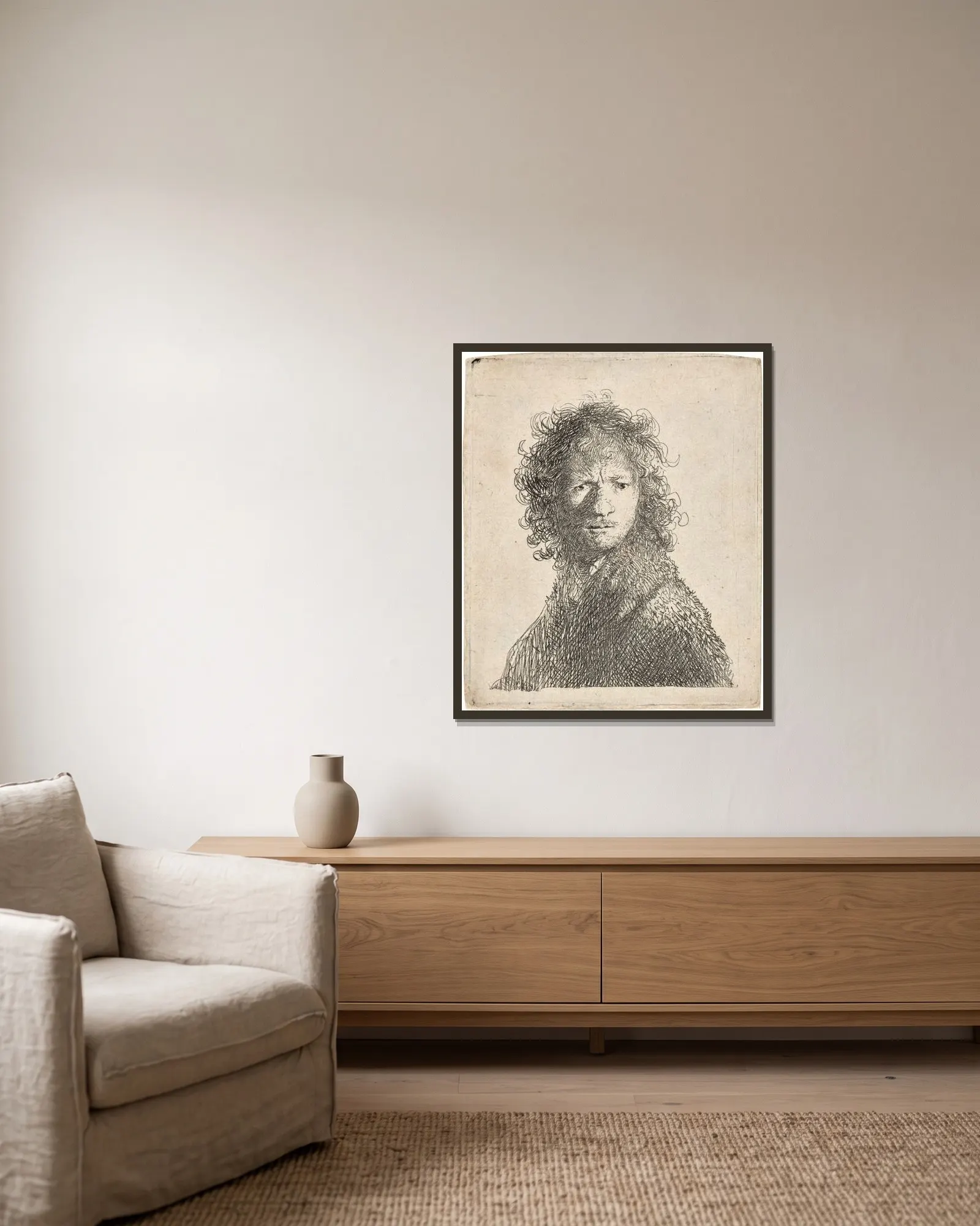 Self-Portrait, frowning: Bust av Rembrandt van Rijn inramad på en vägg