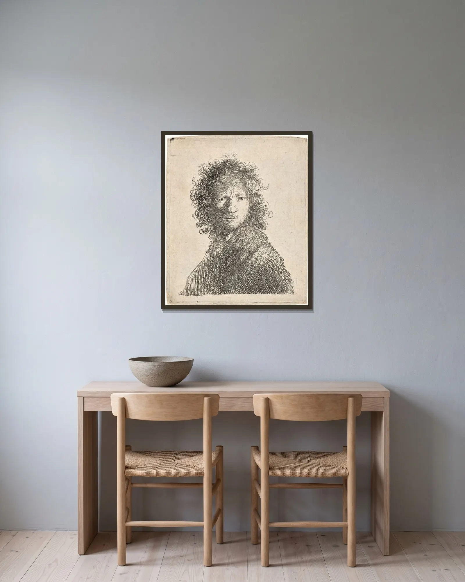 Self-Portrait, frowning: Bust av Rembrandt van Rijn inramad på en vägg