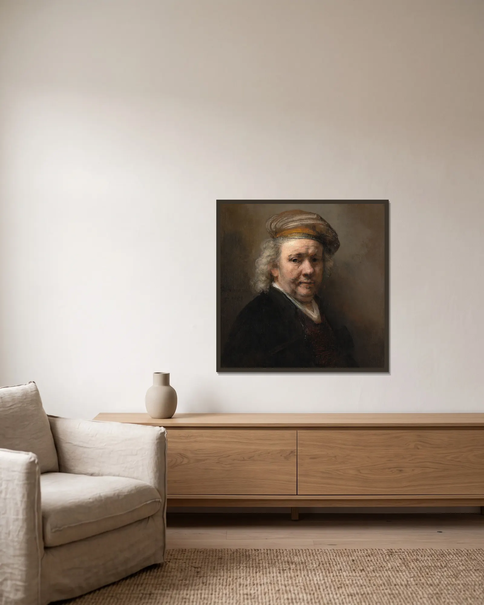 Self-Portrait av Rembrandt van Rijn inramad på en vägg
