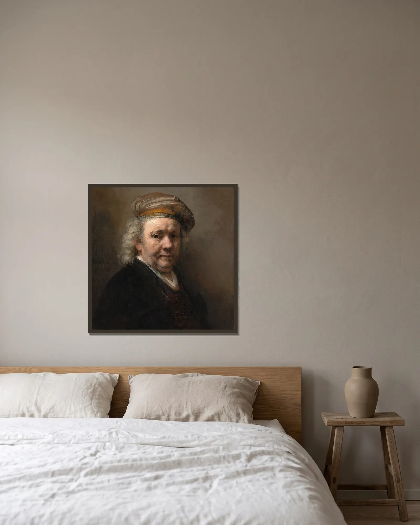 Self-Portrait av Rembrandt van Rijn inramad på en vägg