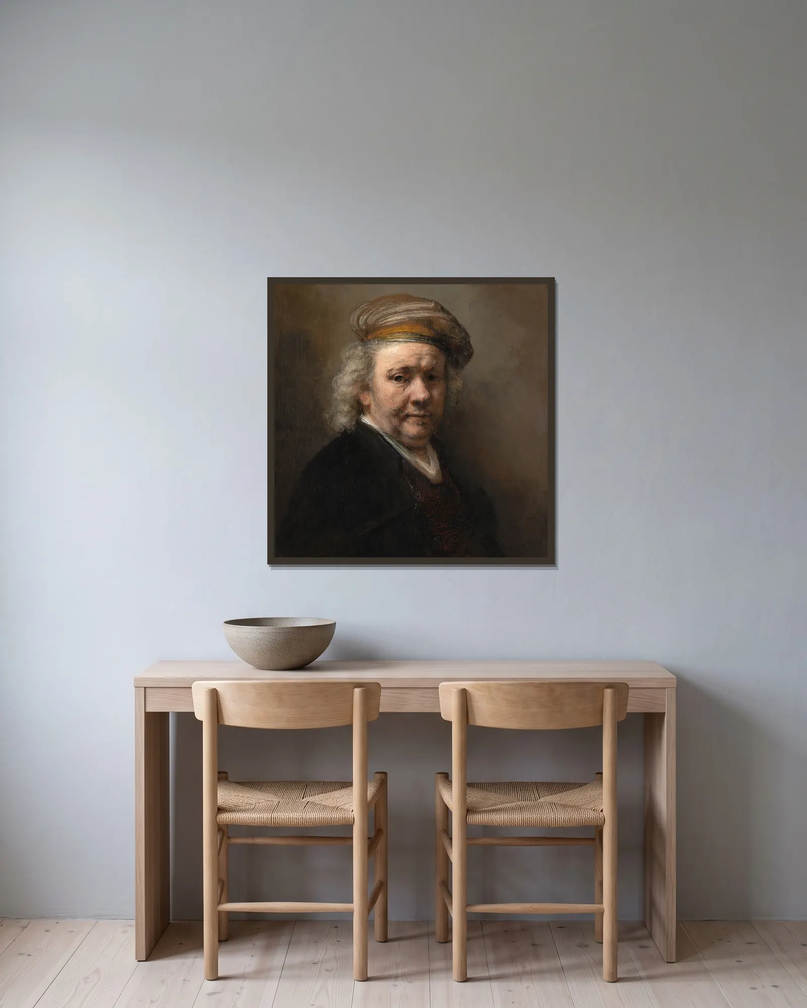 Self-Portrait av Rembrandt van Rijn inramad på en vägg