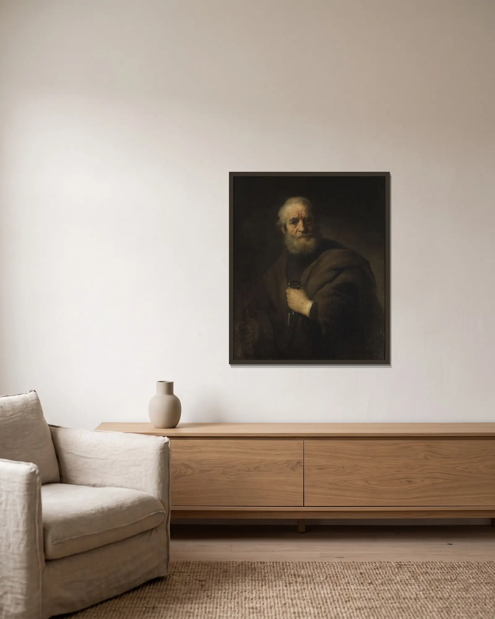 St Peter av Rembrandt van Rijn inramad på en vägg