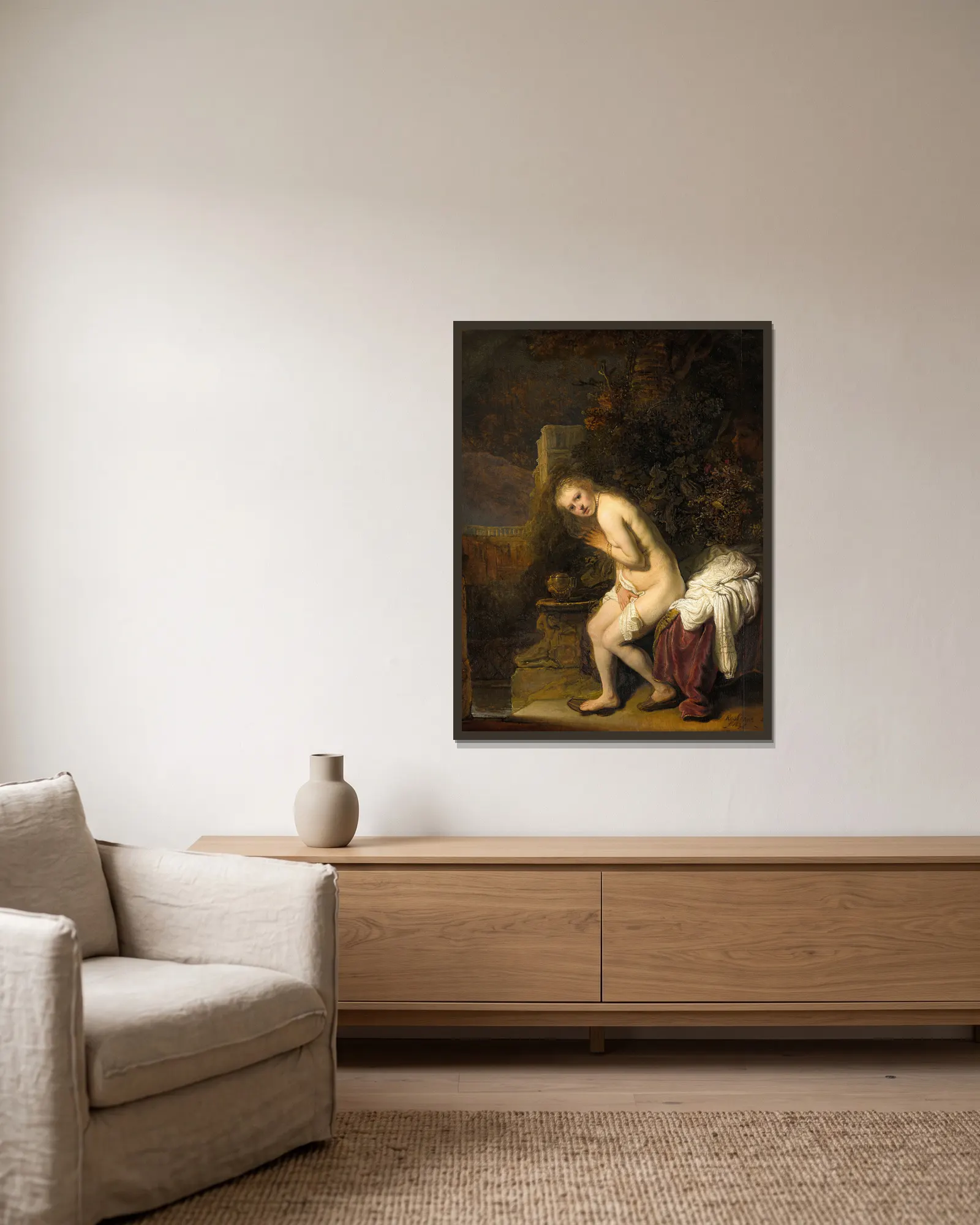 Susanna av Rembrandt van Rijn inramad på en vägg