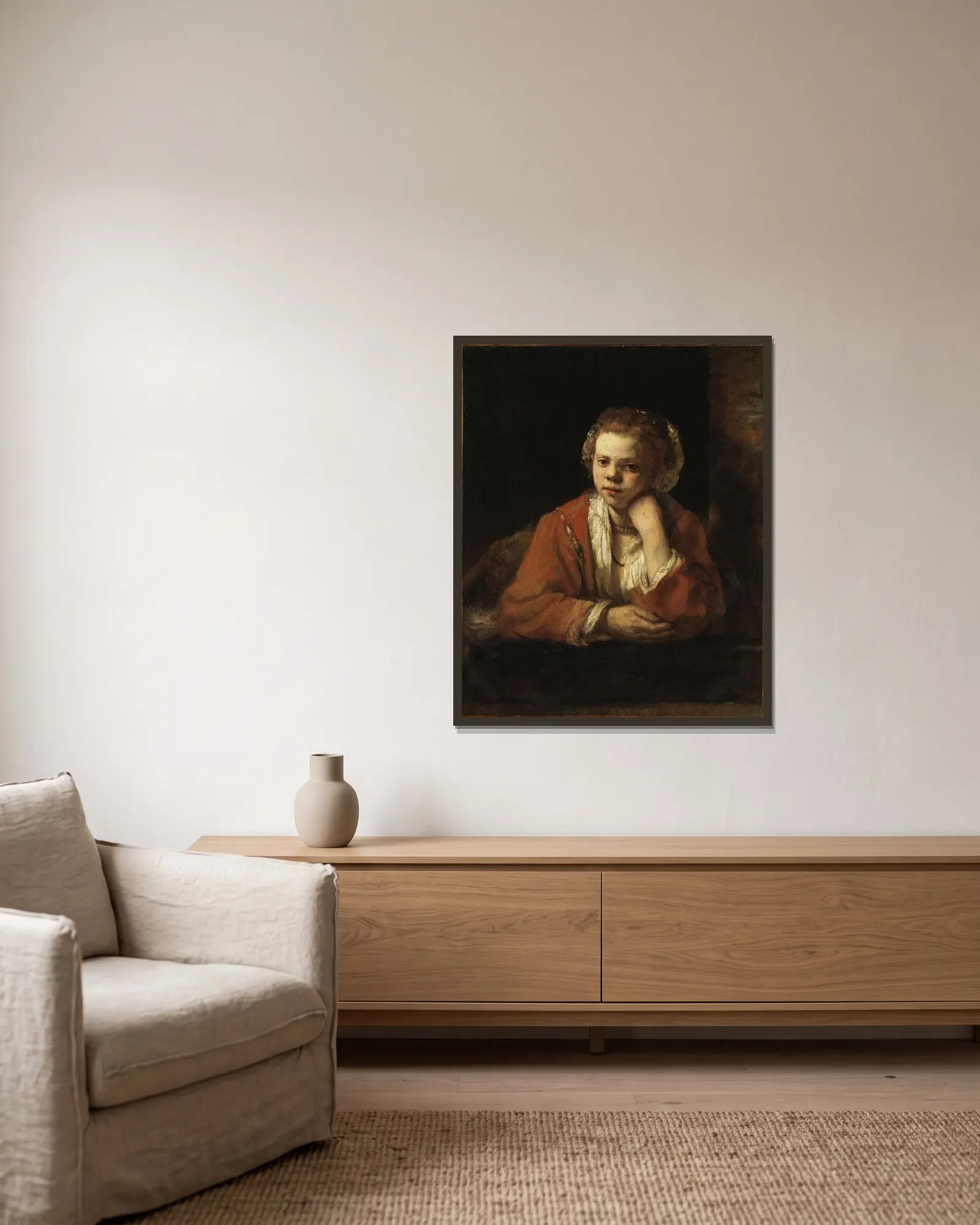 The Kitchen Maid av Rembrandt van Rijn inramad på en vägg