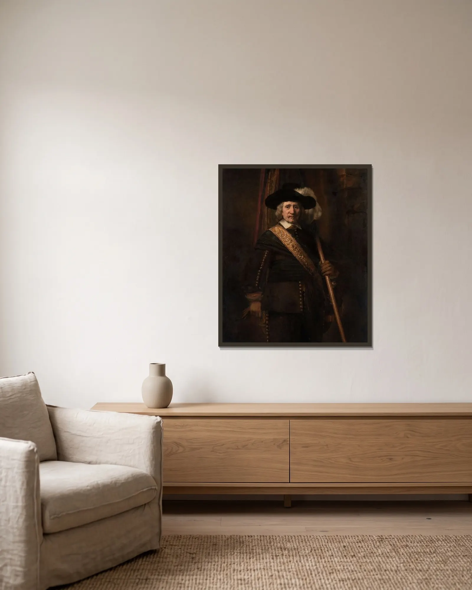 The Standard Bearer (Floris Soop, 1604–1657) av Rembrandt van Rijn inramad på en vägg