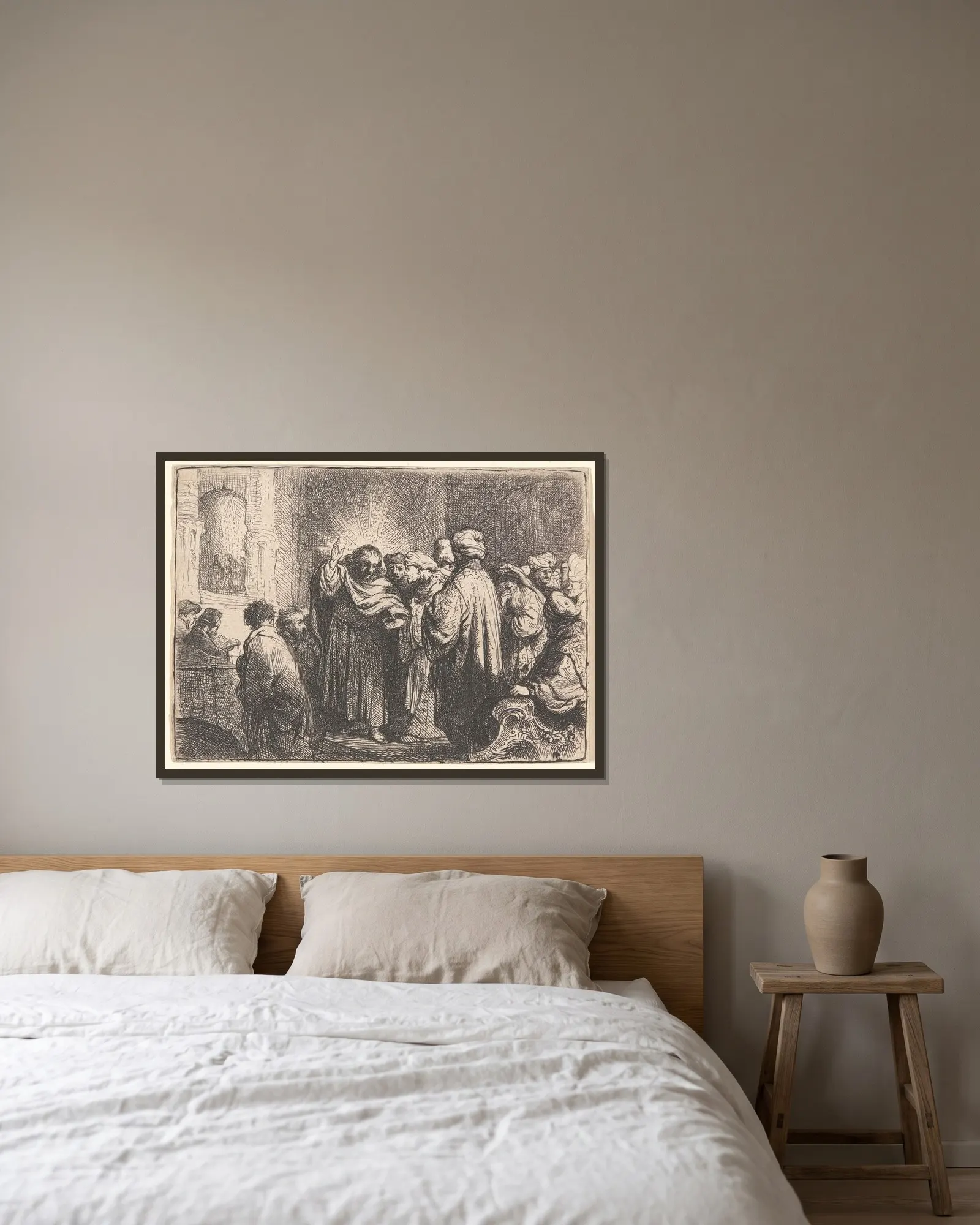 The Tribute Money av Rembrandt van Rijn inramad på en vägg