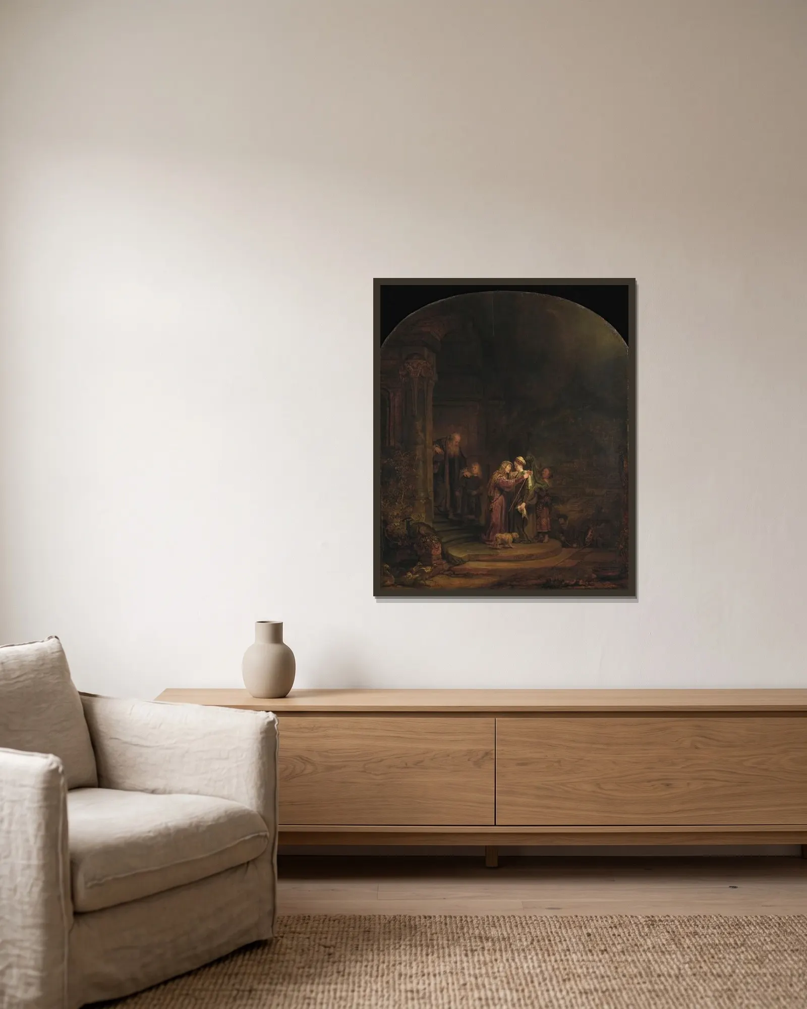 The Visitation av Rembrandt van Rijn inramad på en vägg