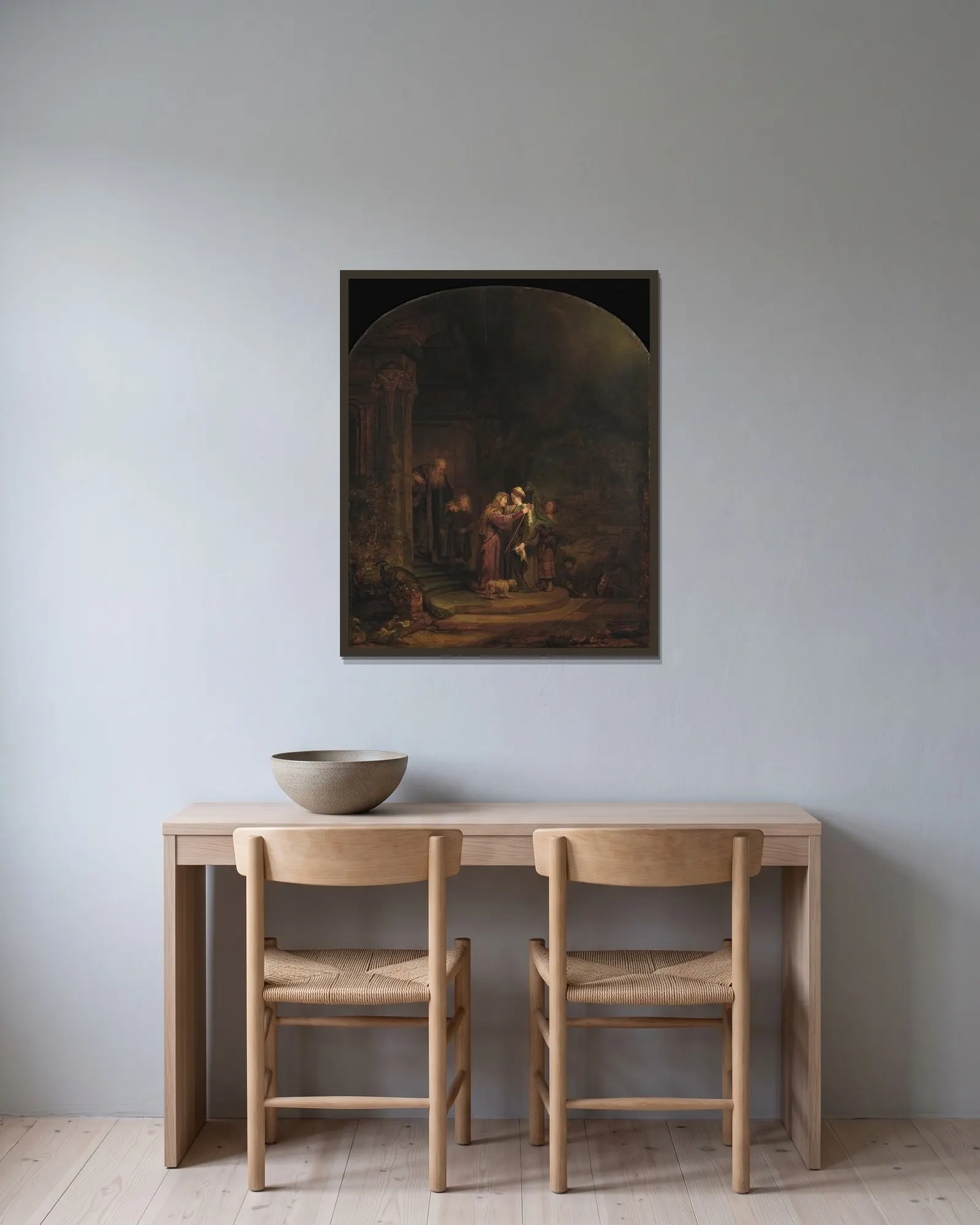 The Visitation av Rembrandt van Rijn inramad på en vägg