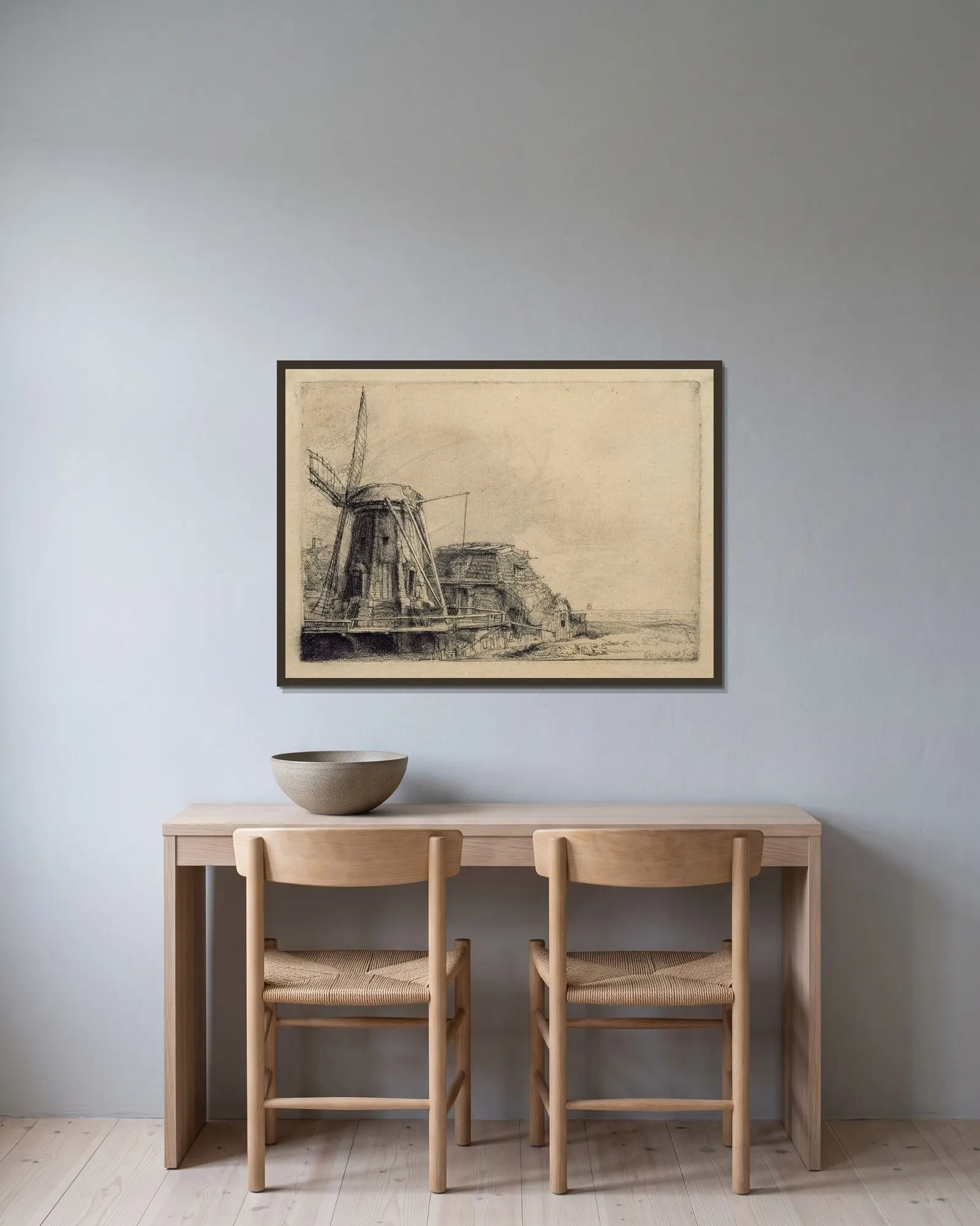 The Windmill av Rembrandt van Rijn inramad på en vägg