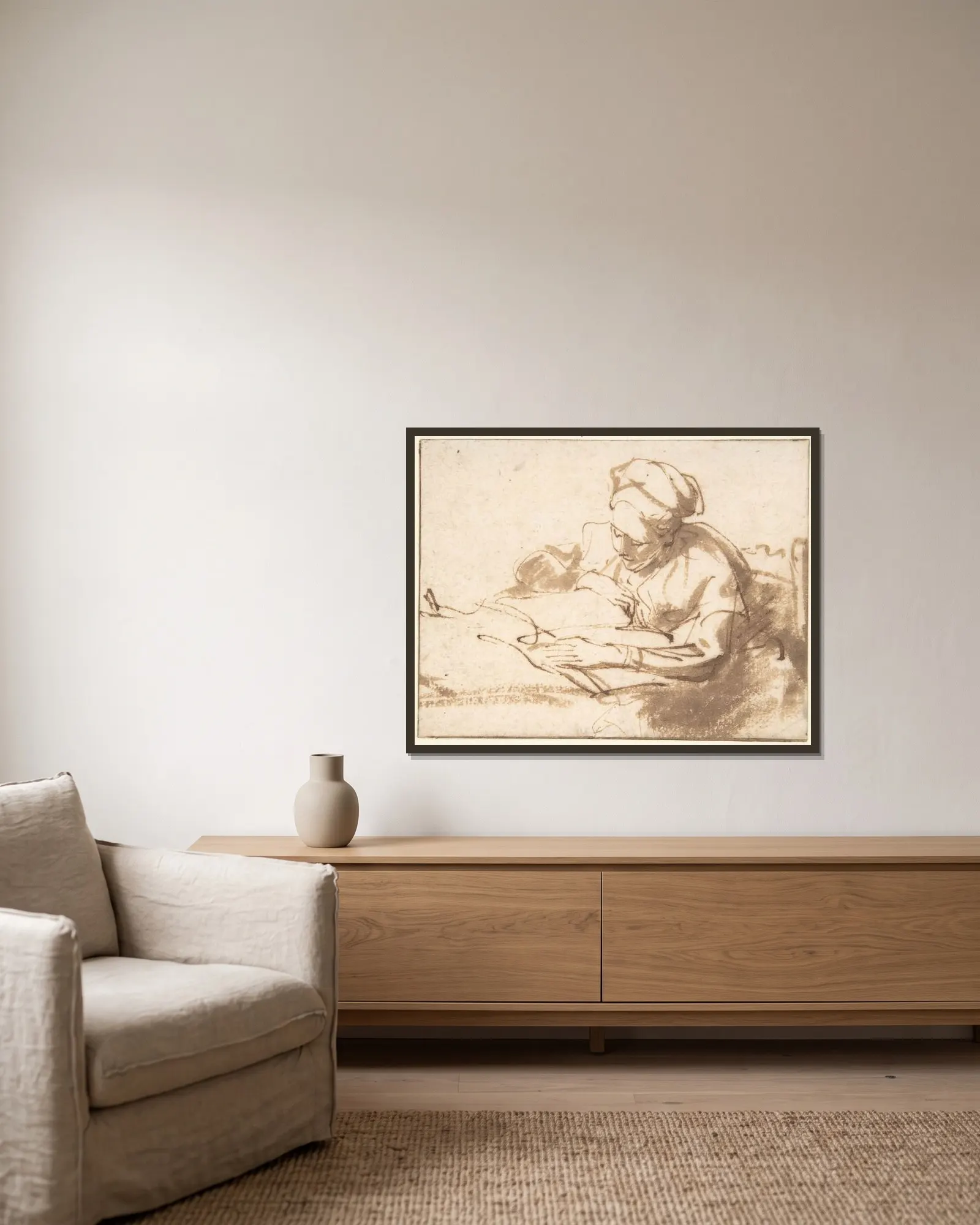 Woman Reading – nr 1 av Rembrandt van Rijn inramad på en vägg