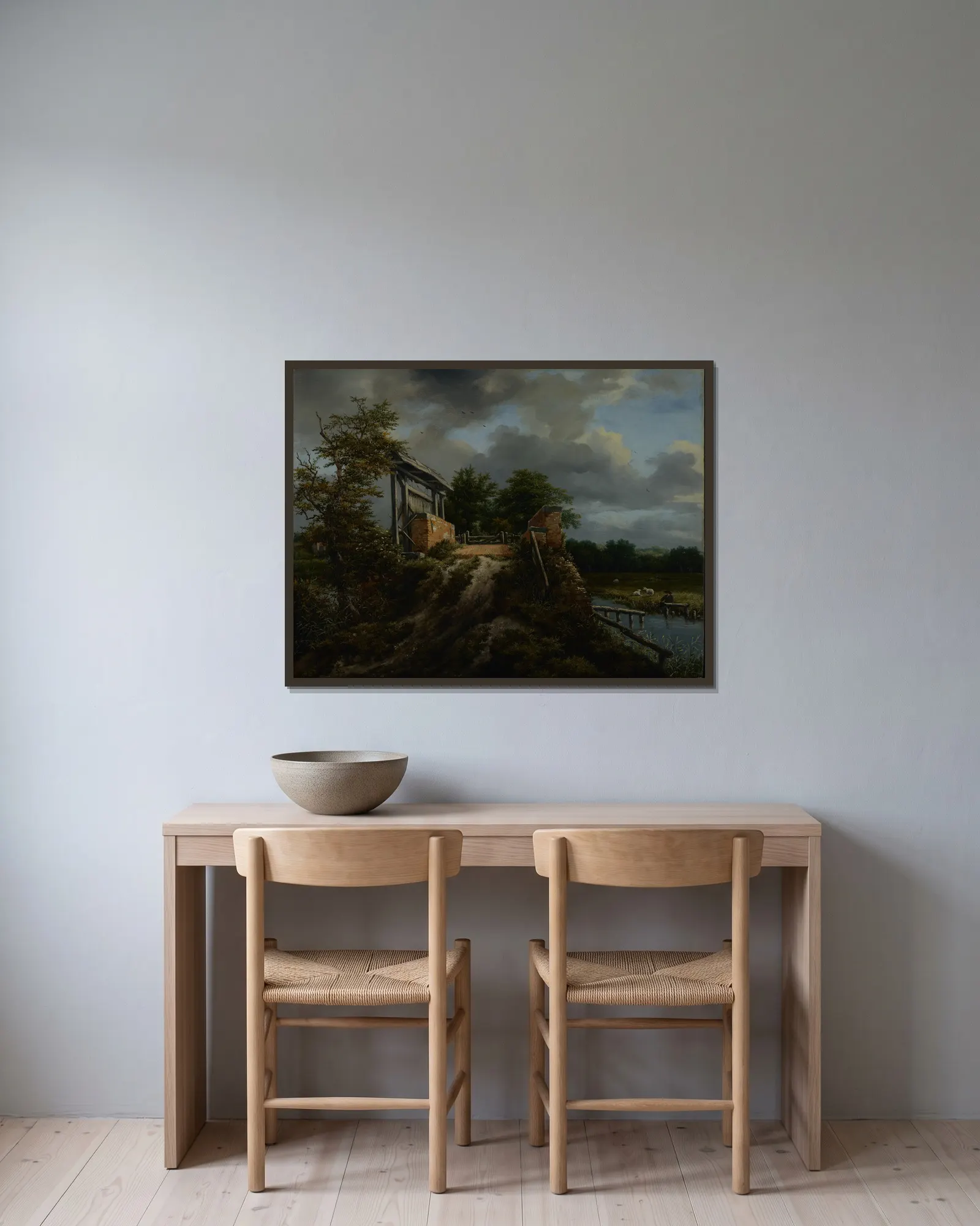 Bridge with a Sluice av Jacob van Ruisdael inramad på en vägg