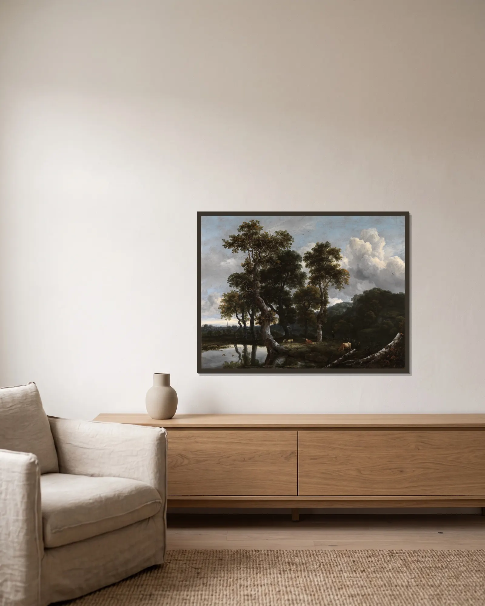Grosse Baumgruppe am Wasser av Jacob van Ruisdael inramad på en vägg