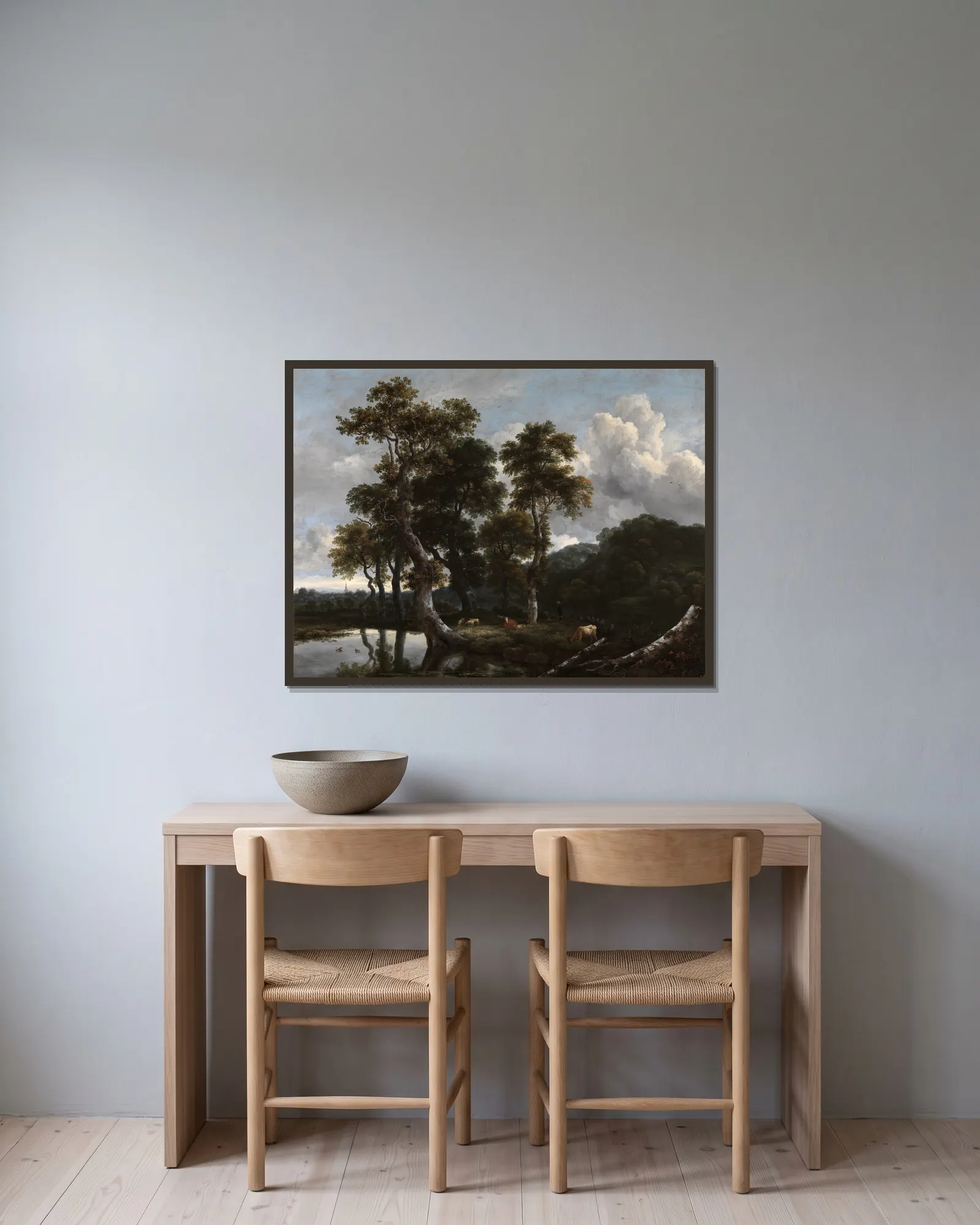 Grosse Baumgruppe am Wasser av Jacob van Ruisdael inramad på en vägg