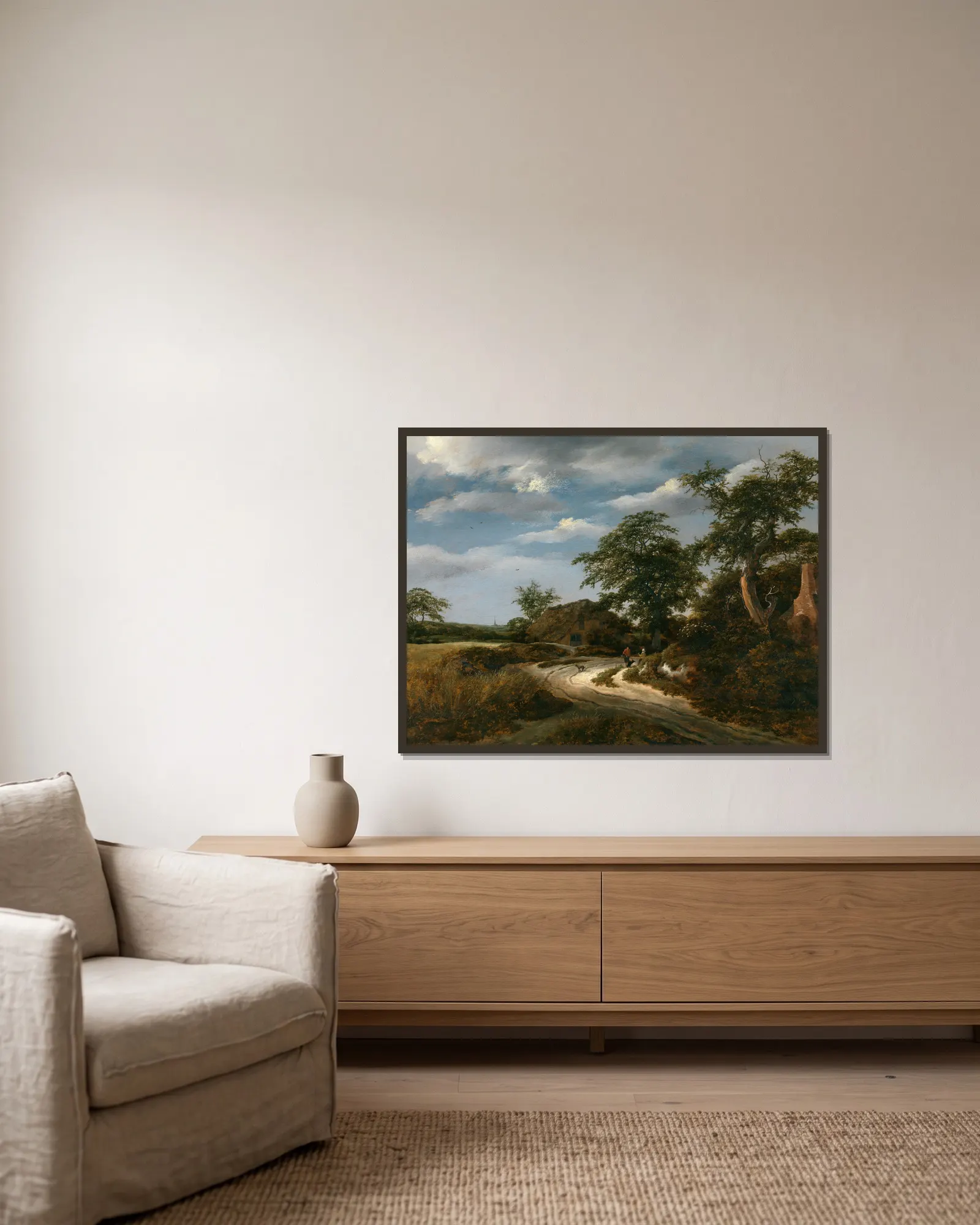 Landscape av Jacob van Ruisdael inramad på en vägg