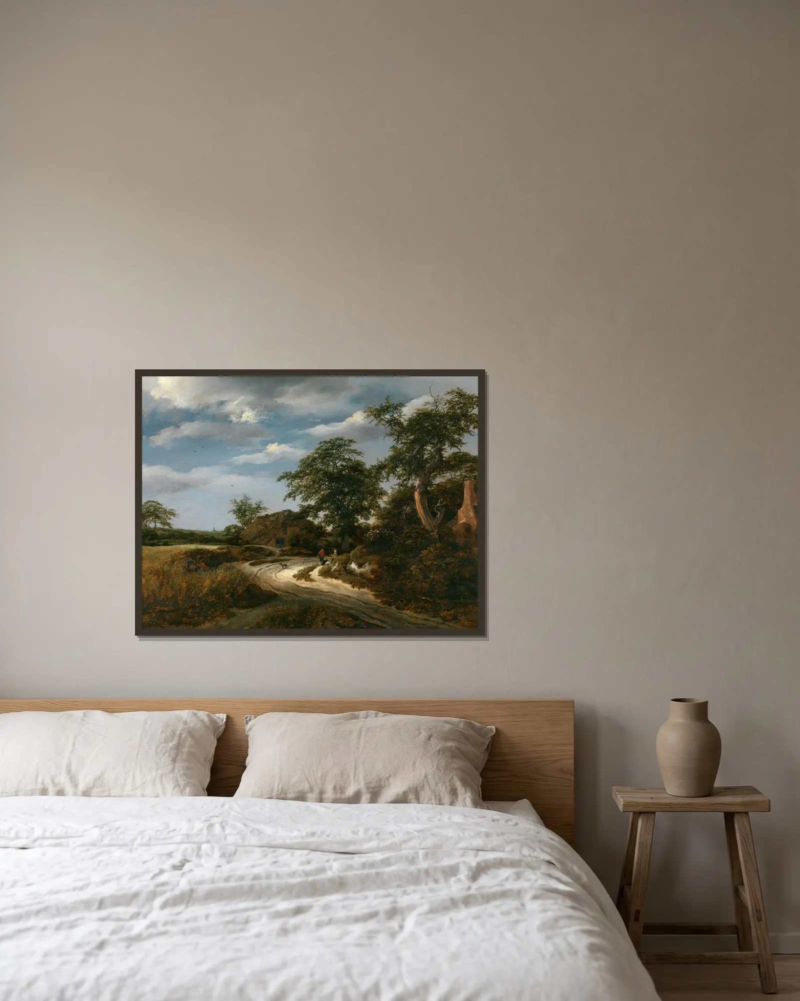 Landscape av Jacob van Ruisdael inramad på en vägg