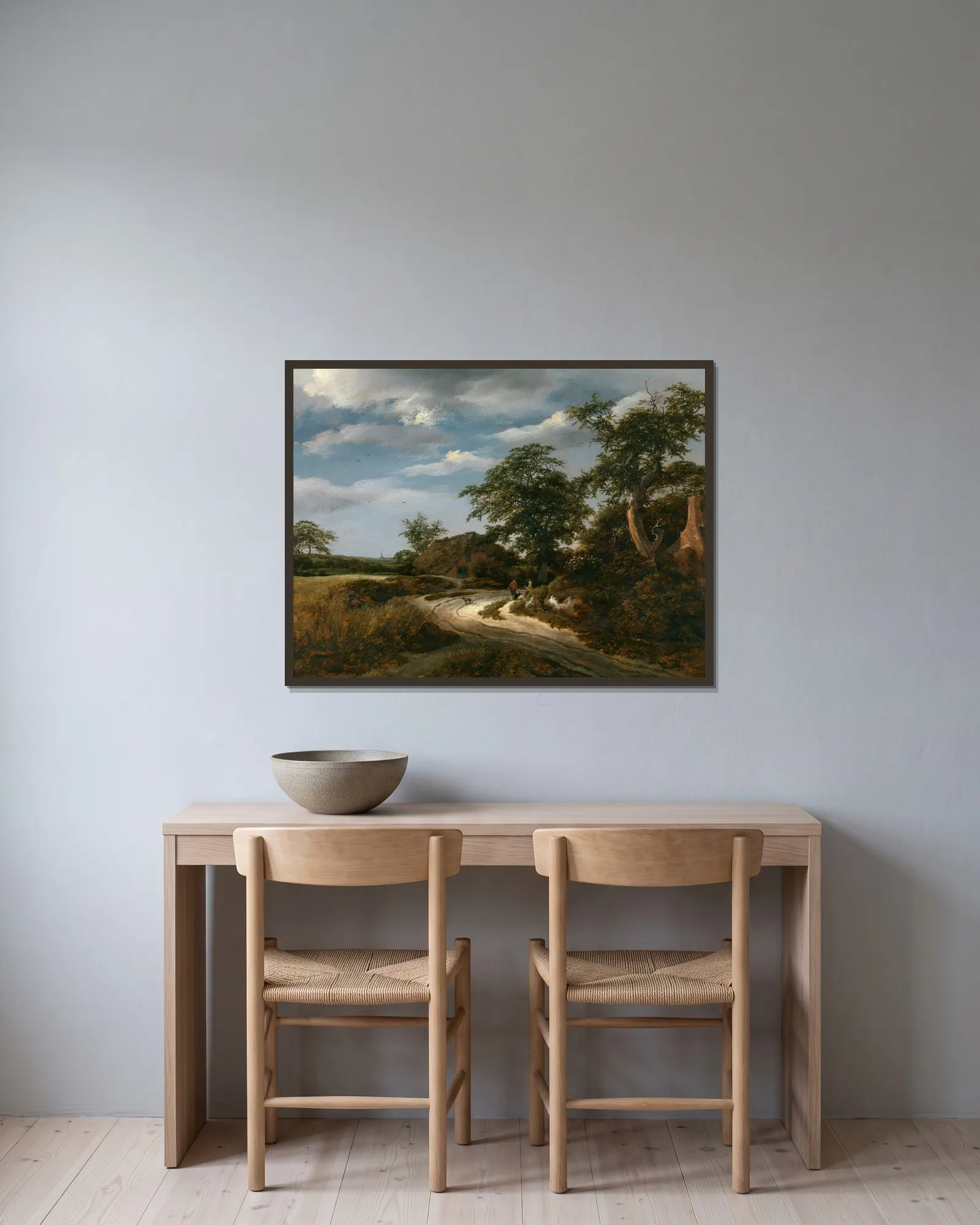Landscape av Jacob van Ruisdael inramad på en vägg