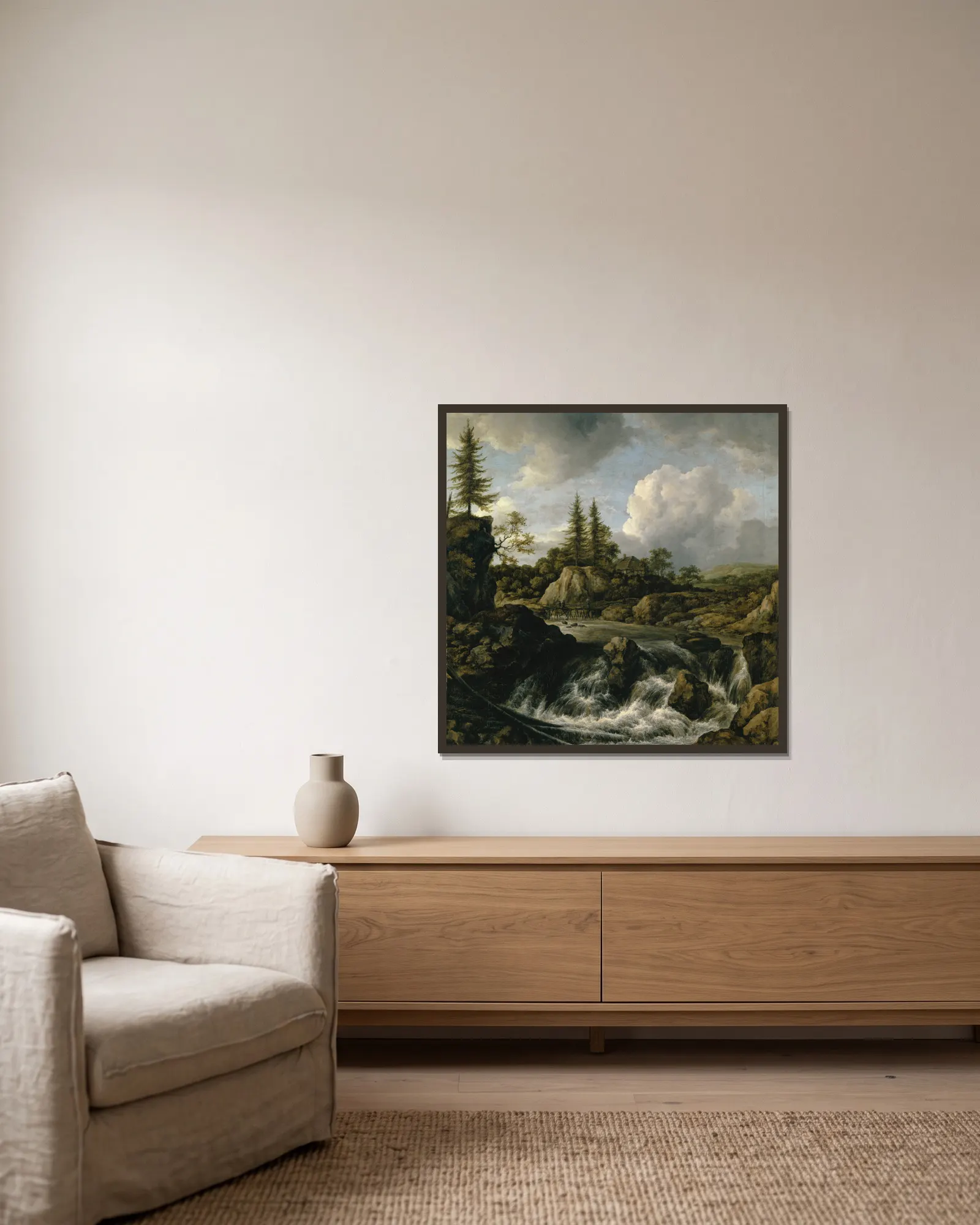 Landscape with Waterfall av Jacob van Ruisdael inramad på en vägg