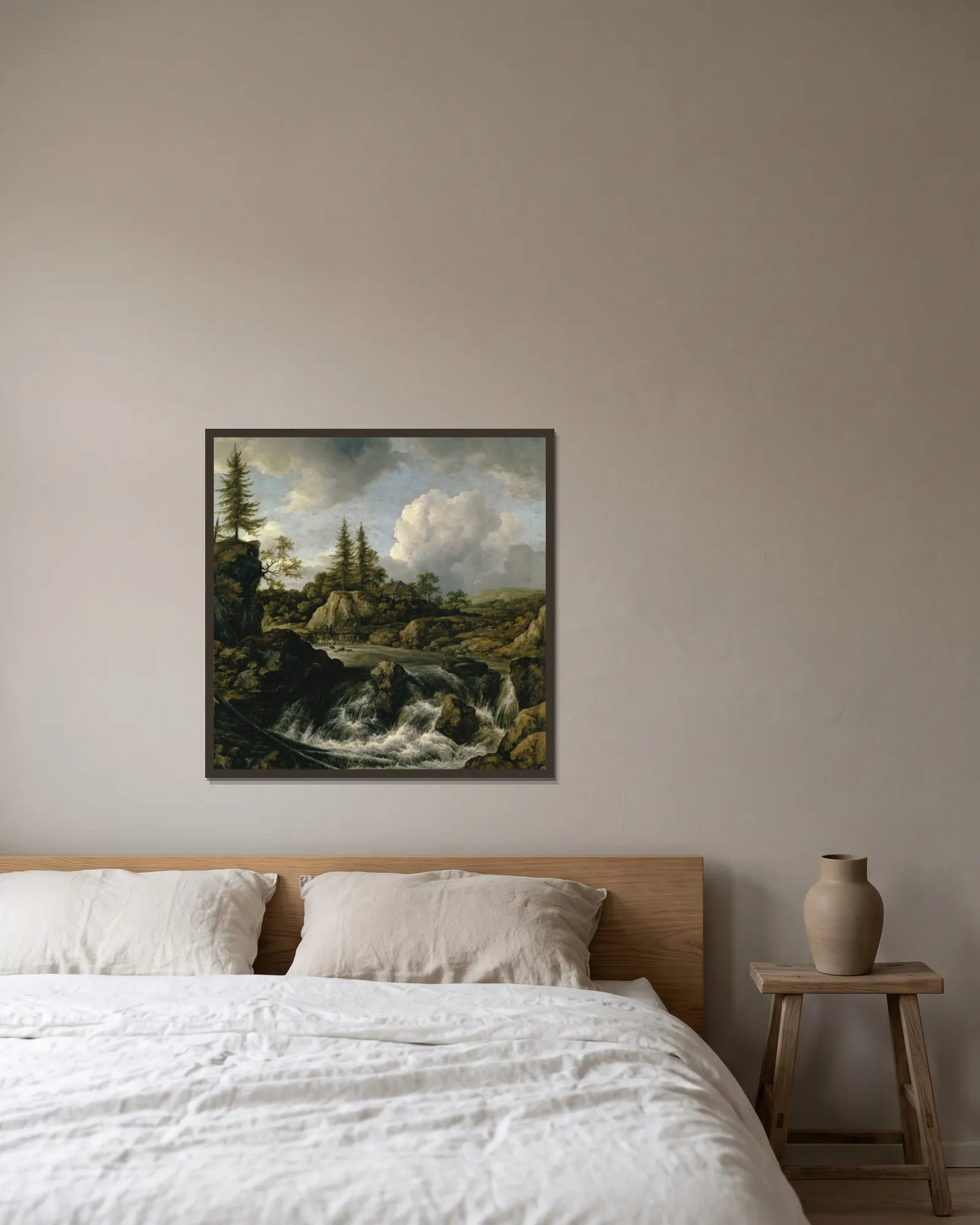 Landscape with Waterfall av Jacob van Ruisdael inramad på en vägg