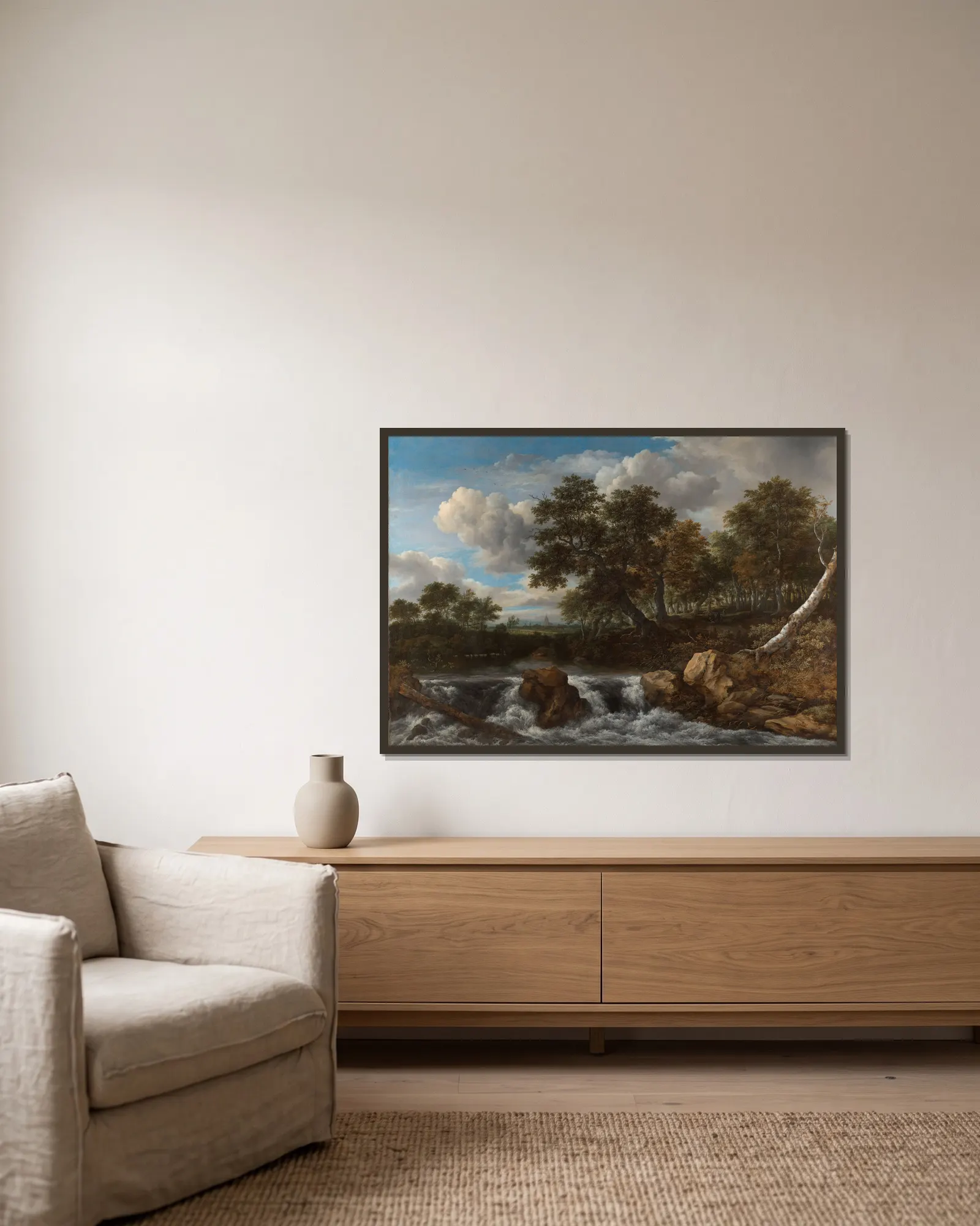 Landscape with Waterfall av Jacob van Ruisdael inramad på en vägg
