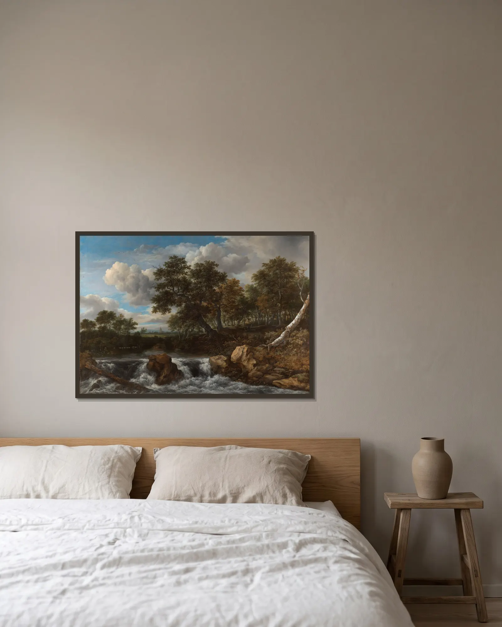 Landscape with Waterfall av Jacob van Ruisdael inramad på en vägg