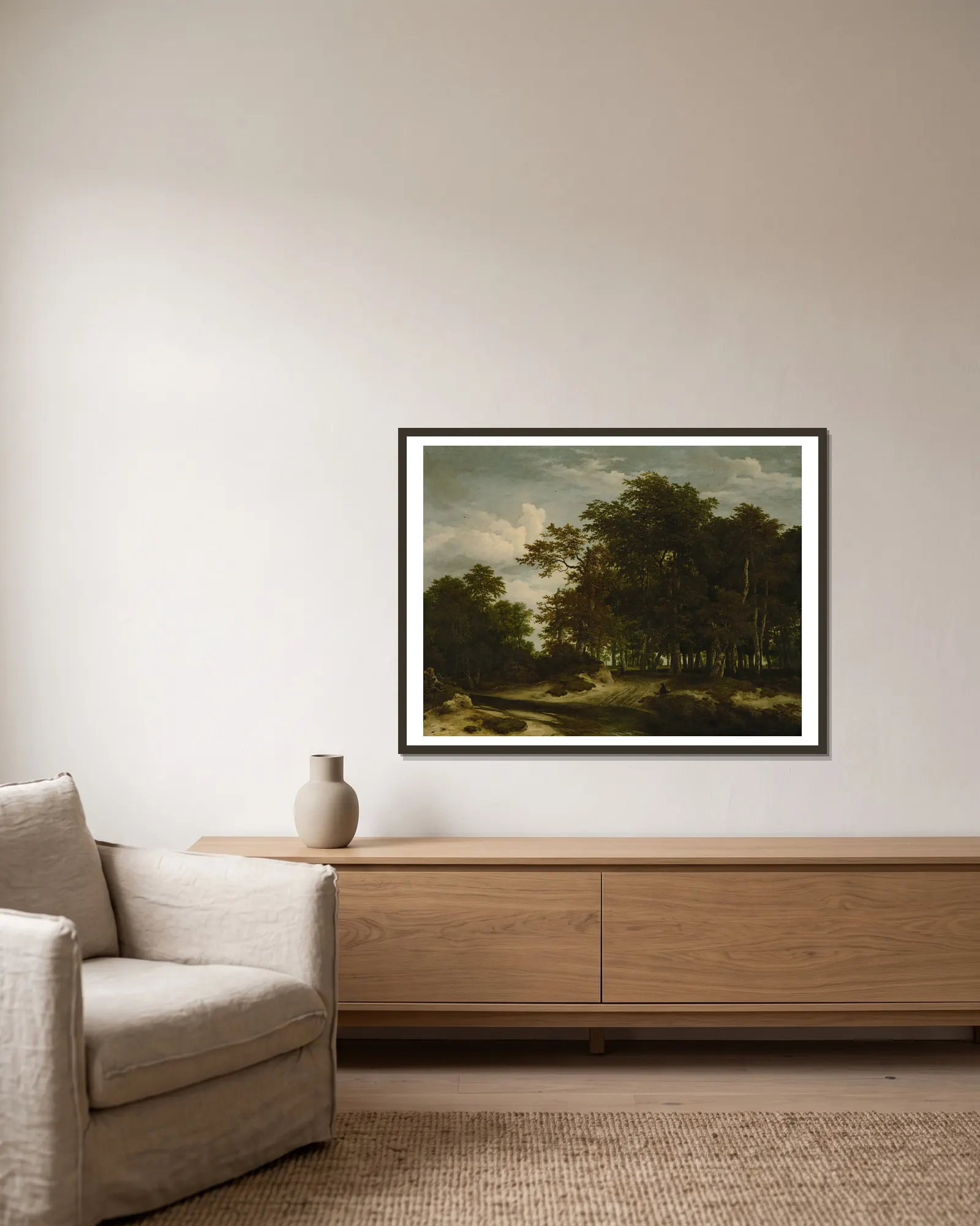 The Great Forest av Jacob van Ruisdael inramad på en vägg