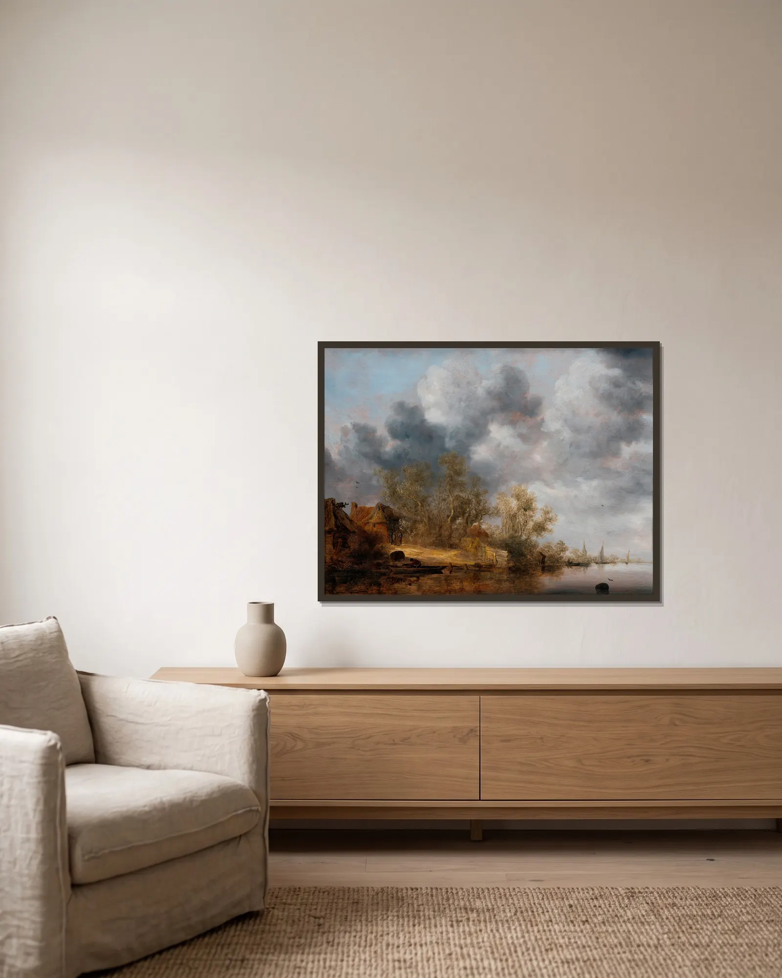 A Dutch Riverbank av Salomon van Ruysdael inramad på en vägg