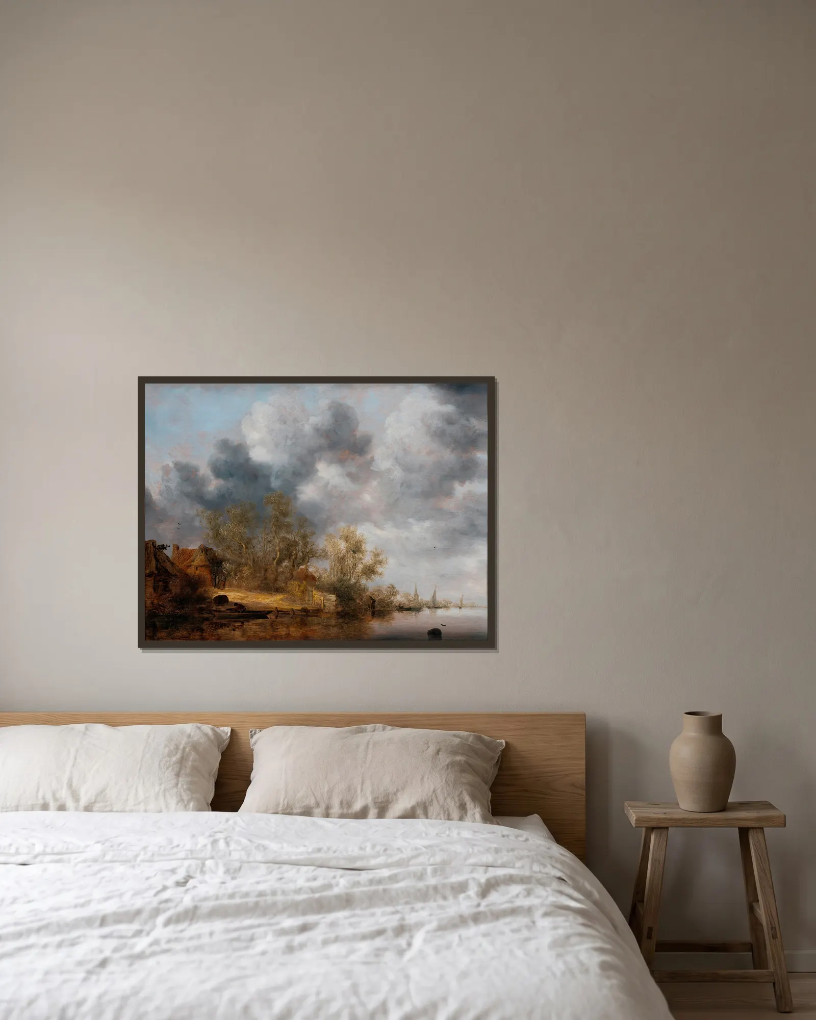 A Dutch Riverbank av Salomon van Ruysdael inramad på en vägg